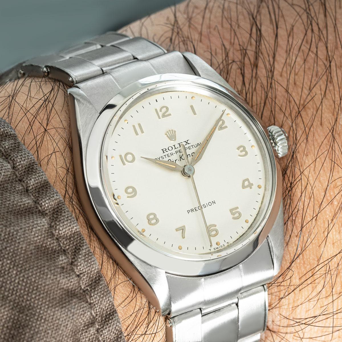 A vintage 34mm Air-King by Rolex in stainless steel. Featuring an extremely rare silver dial with Arabic numerals throughout from 1 to 12. This is by far the most seldom and striking configuration of a 5500 dial as most only feature Arabic numerals