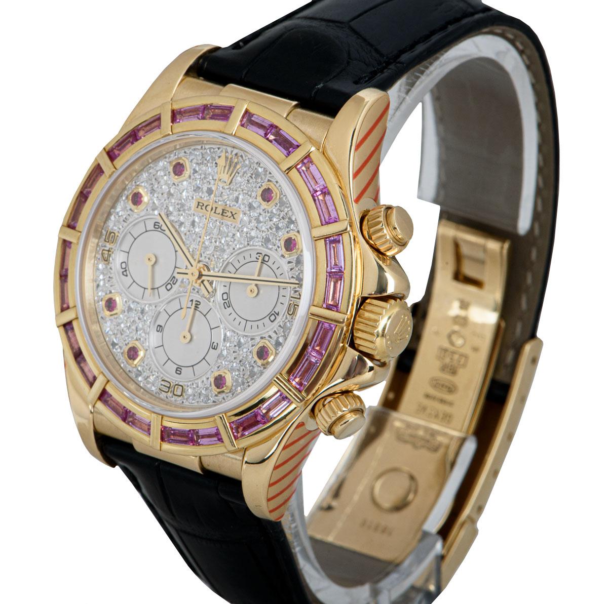 A Rare 40 mm 18k Yellow Gold Oyster Perpetual Zenith Movement Cosmograph Daytona Gents Wristwatch, pavé diamond dial set with 8 applied round brilliant cut ruby hour markers, 30 minute recorder at 3 0'clock, 12 hour recorder at 6 0'clock, small