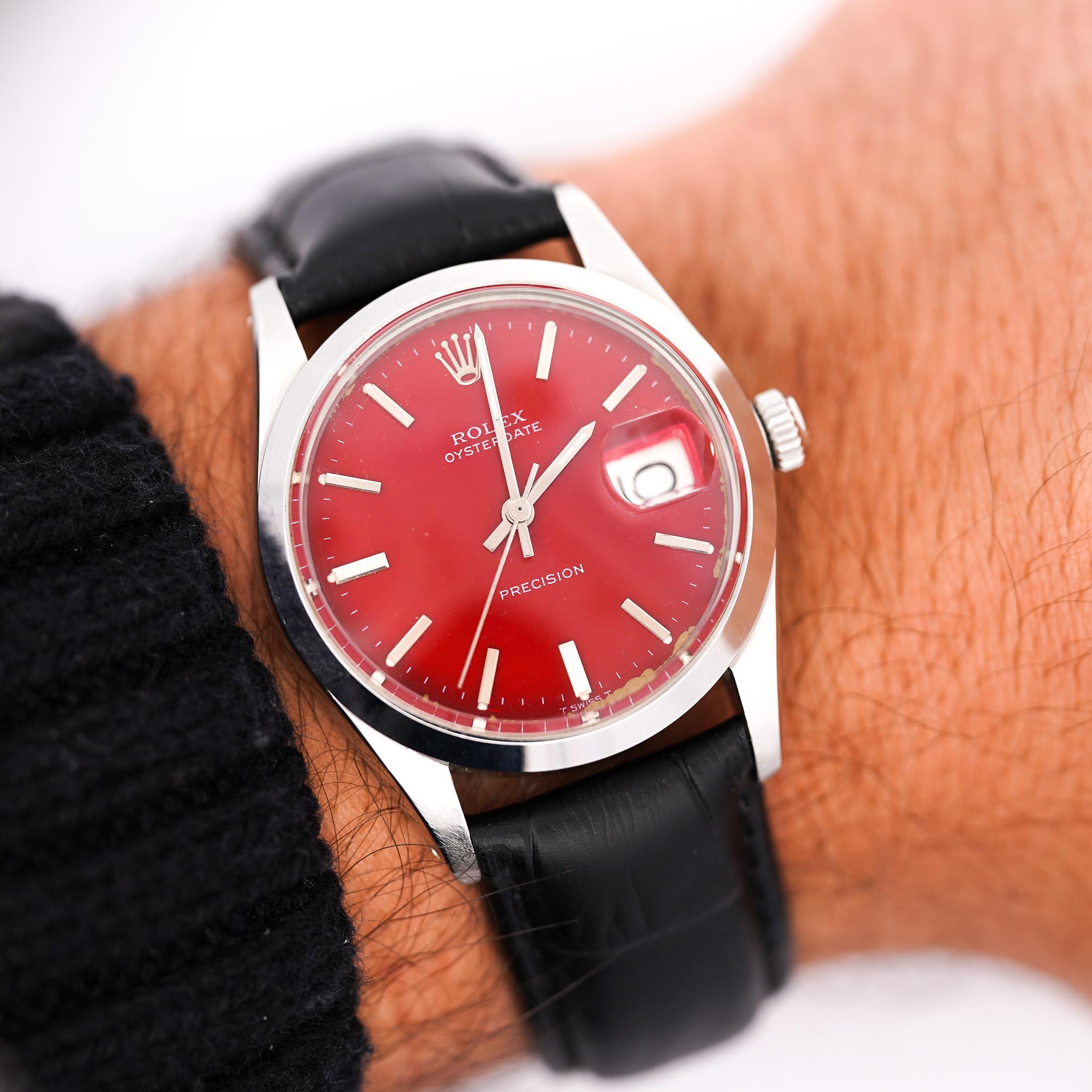 Stainless Steel 34MM Rolex Oysterdate Precision 6694 Automatic- Red Dial (Vintage 1969). The leather strap not original Rolex.

Item Type: Watch
Model: Rolex Oysterdate Precision
Year: 1969 (Vintage)
Dial: Red (aftermarket dial)
Case Size: