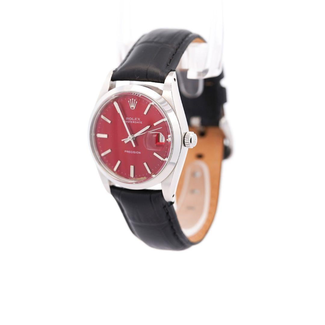 Rolex Red Dial Precision Oyster Date 34MM Watch In Excellent Condition For Sale In Miami, FL