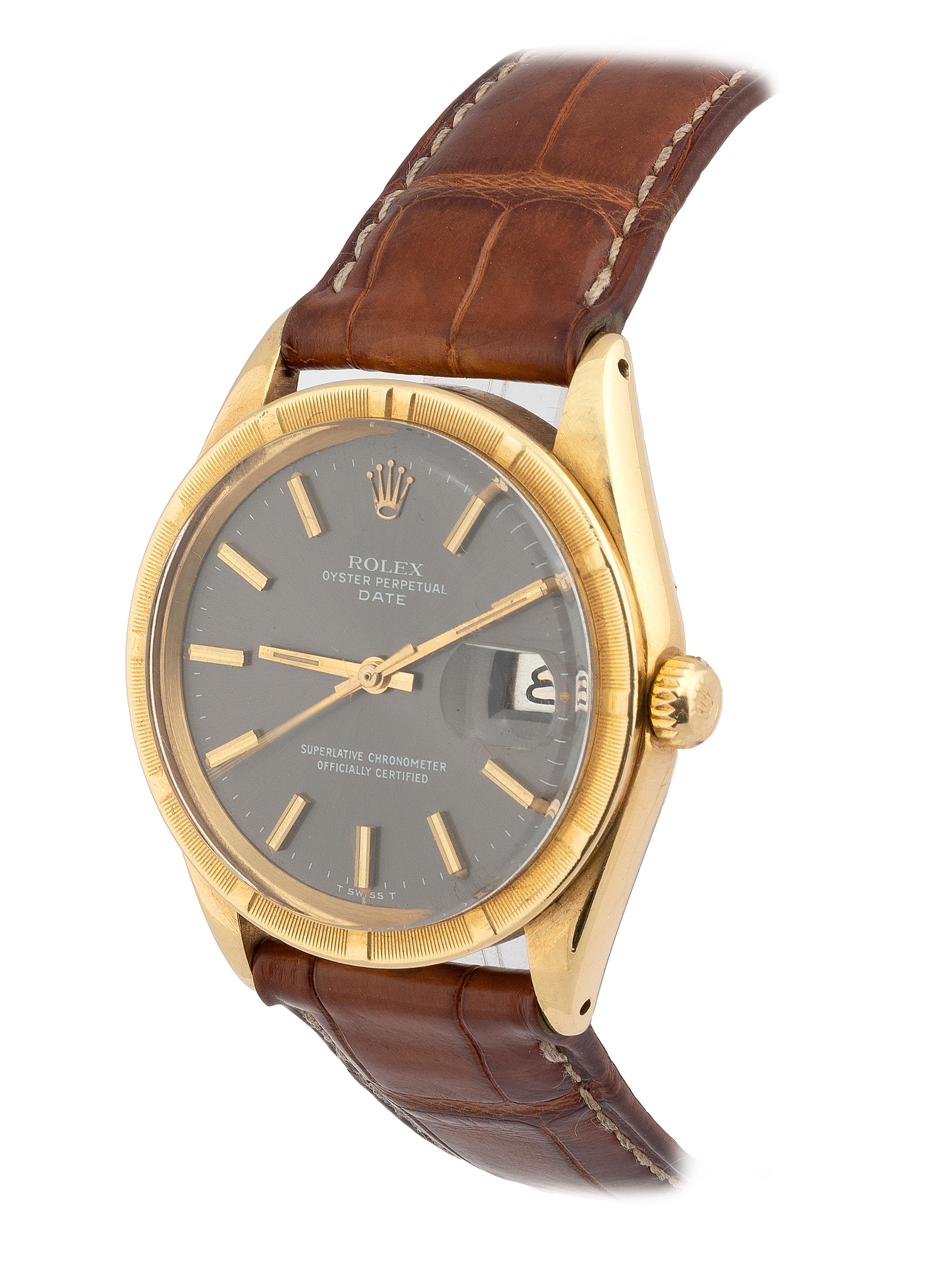 Oyster Perpetual, Date, Superlative Chronometer, Officially Certified, Ref. 1501. Made in 1970's. Fine, center seconds, self-winding, 18K yellow gold Chronometer wristwatch with date with an 18k Rolex deployant clasp. DIAM. 34 mm. THICKNESS 12 mm.