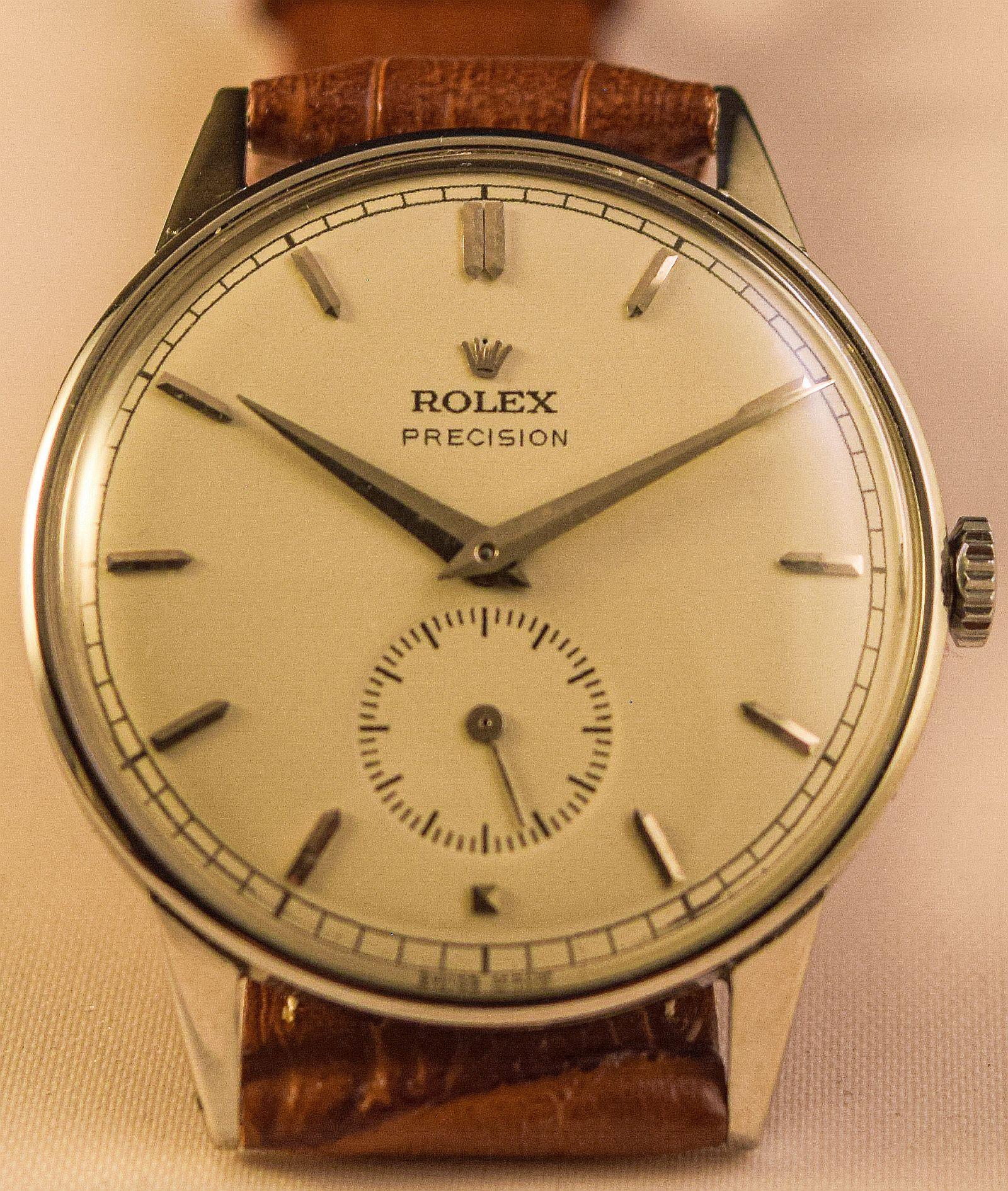 Rolex Ref 4357- Steel Precision-Oversize.
This very elegant hand wind Oversize  Jumbo watch is in
beautiful  condition.
It is extremely rare to find a vintage Rolex watch this size.
Dial -Dauphine Steel Hands
Raised steel markers-Raised Rolex
