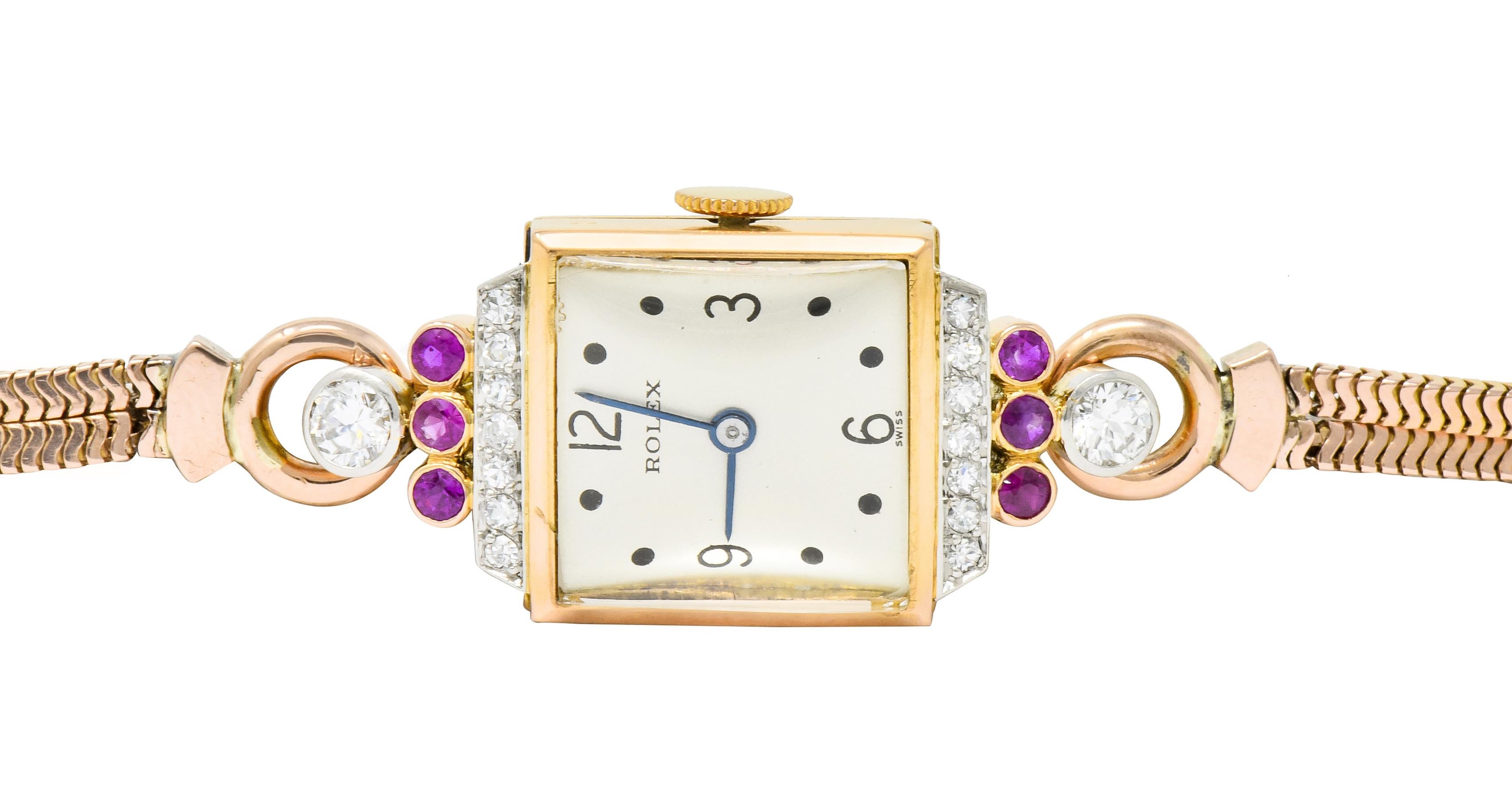 Rolex Retro Diamond Ruby 14 Karat Gold Watch Bracelet In Excellent Condition In Philadelphia, PA