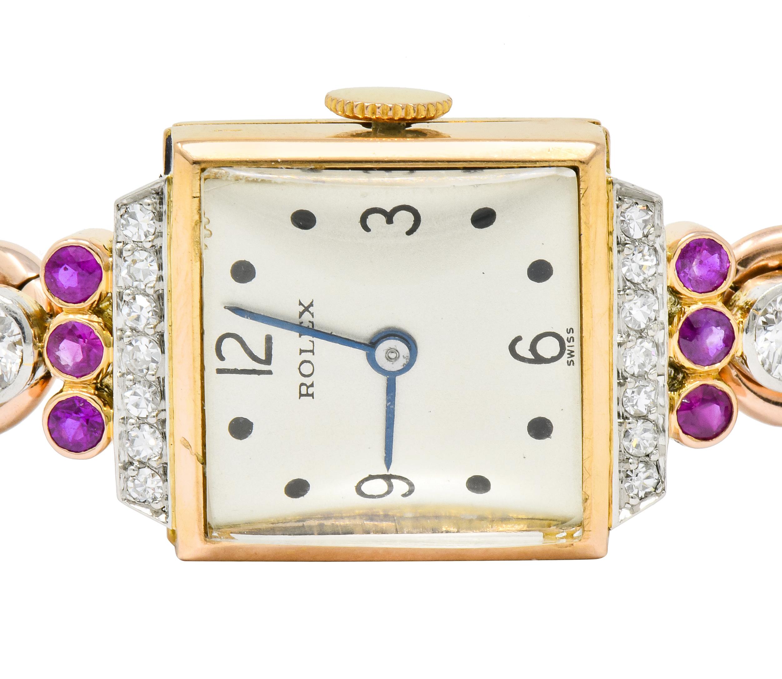 Rolex Retro Diamond Ruby 14 Karat Gold Watch Bracelet 4