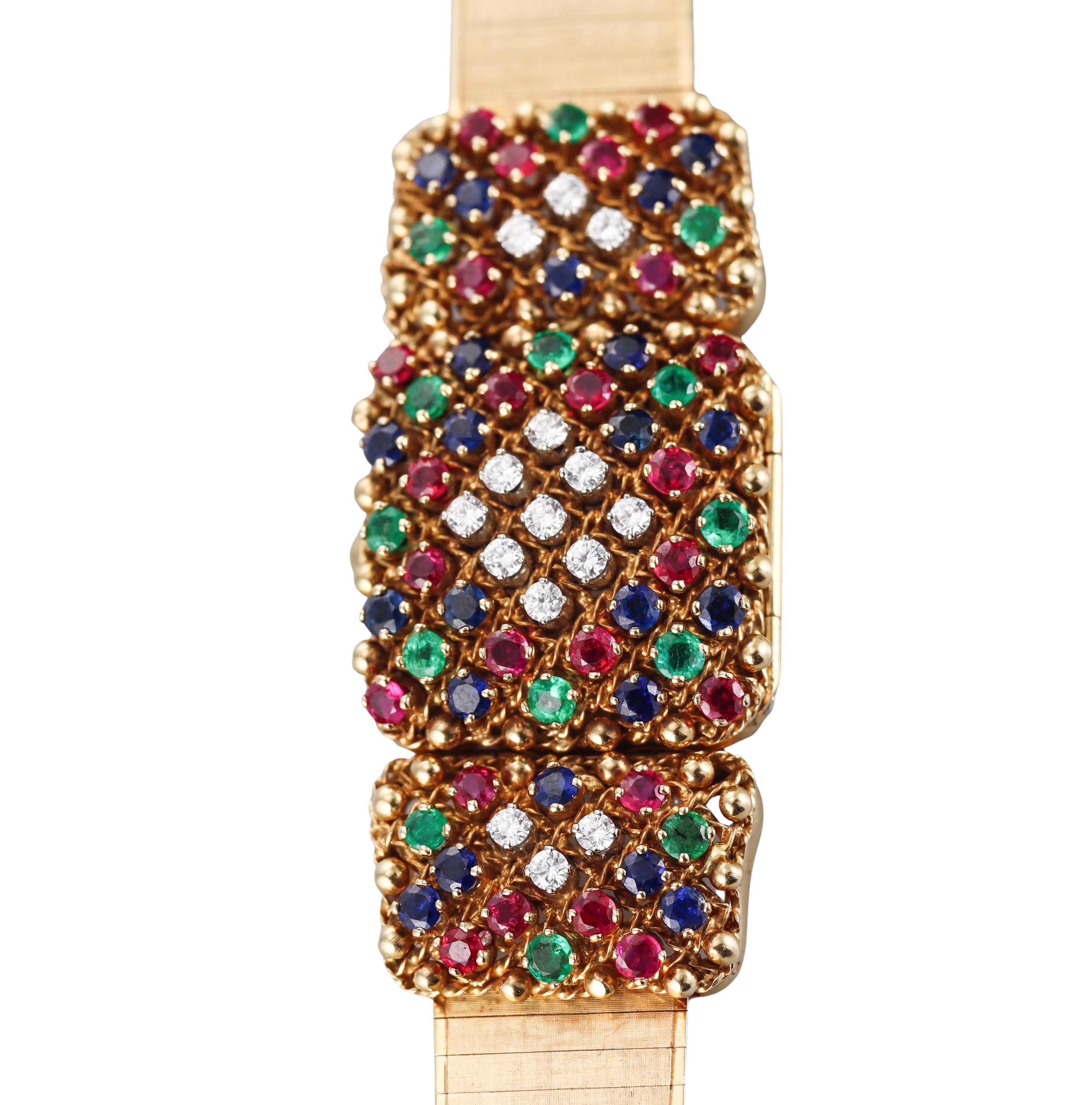 Round Cut Rolex Retro Midcentury Yellow Gold Ruby Sapphire Emerald Diamond Bracelet Watch