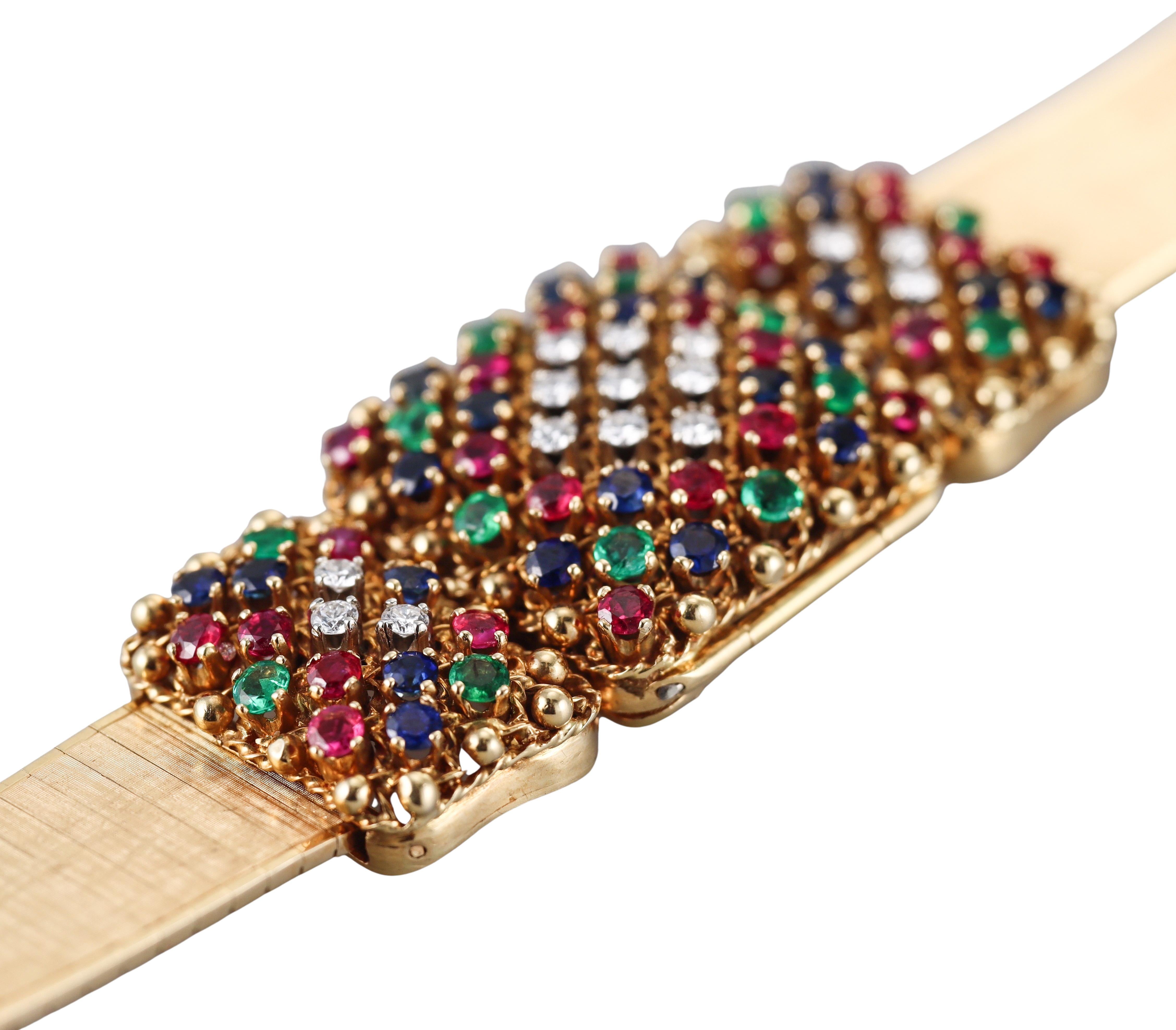 Women's Rolex Retro Midcentury Yellow Gold Ruby Sapphire Emerald Diamond Bracelet Watch