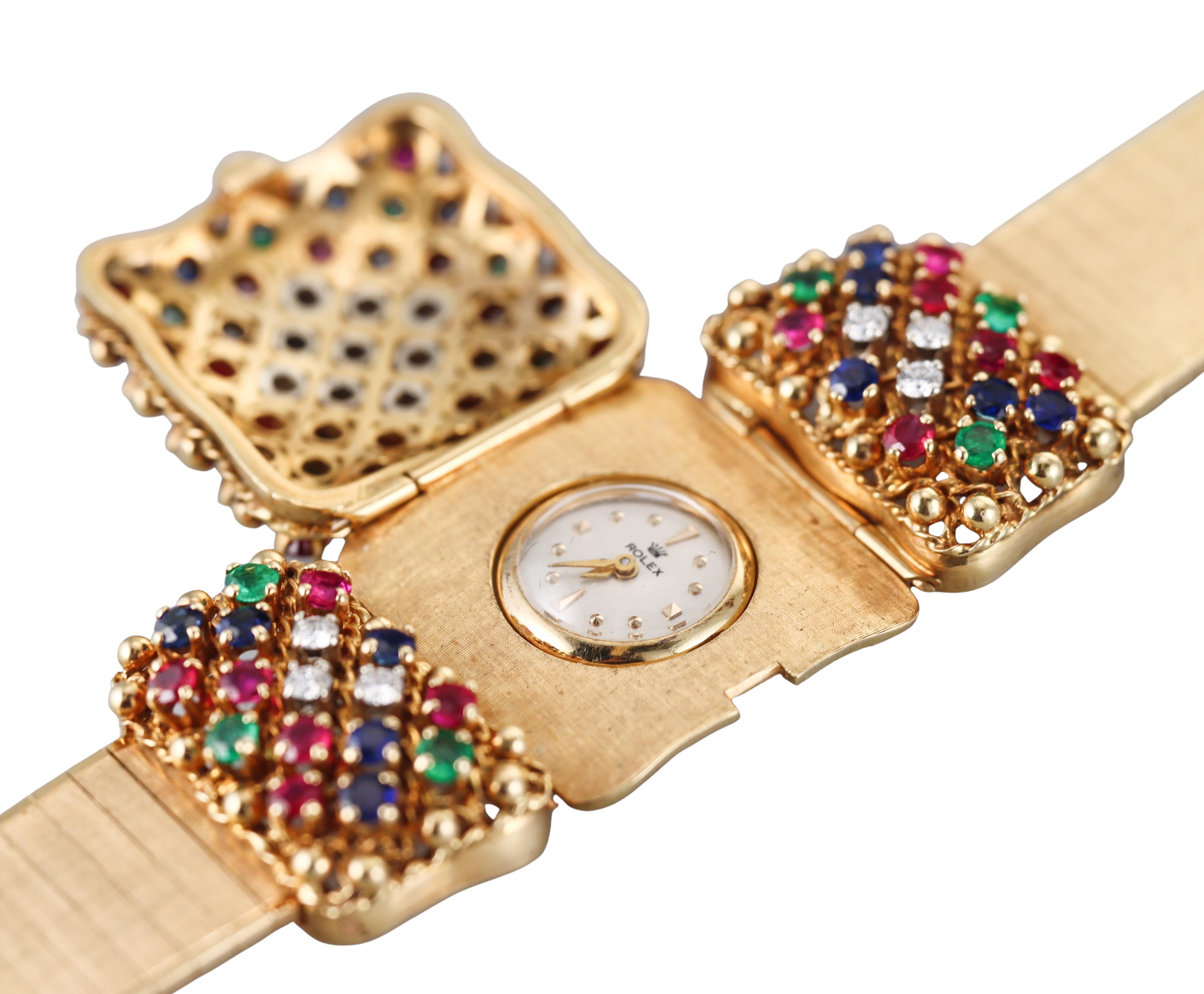Rolex Retro Midcentury Yellow Gold Ruby Sapphire Emerald Diamond Bracelet Watch 4