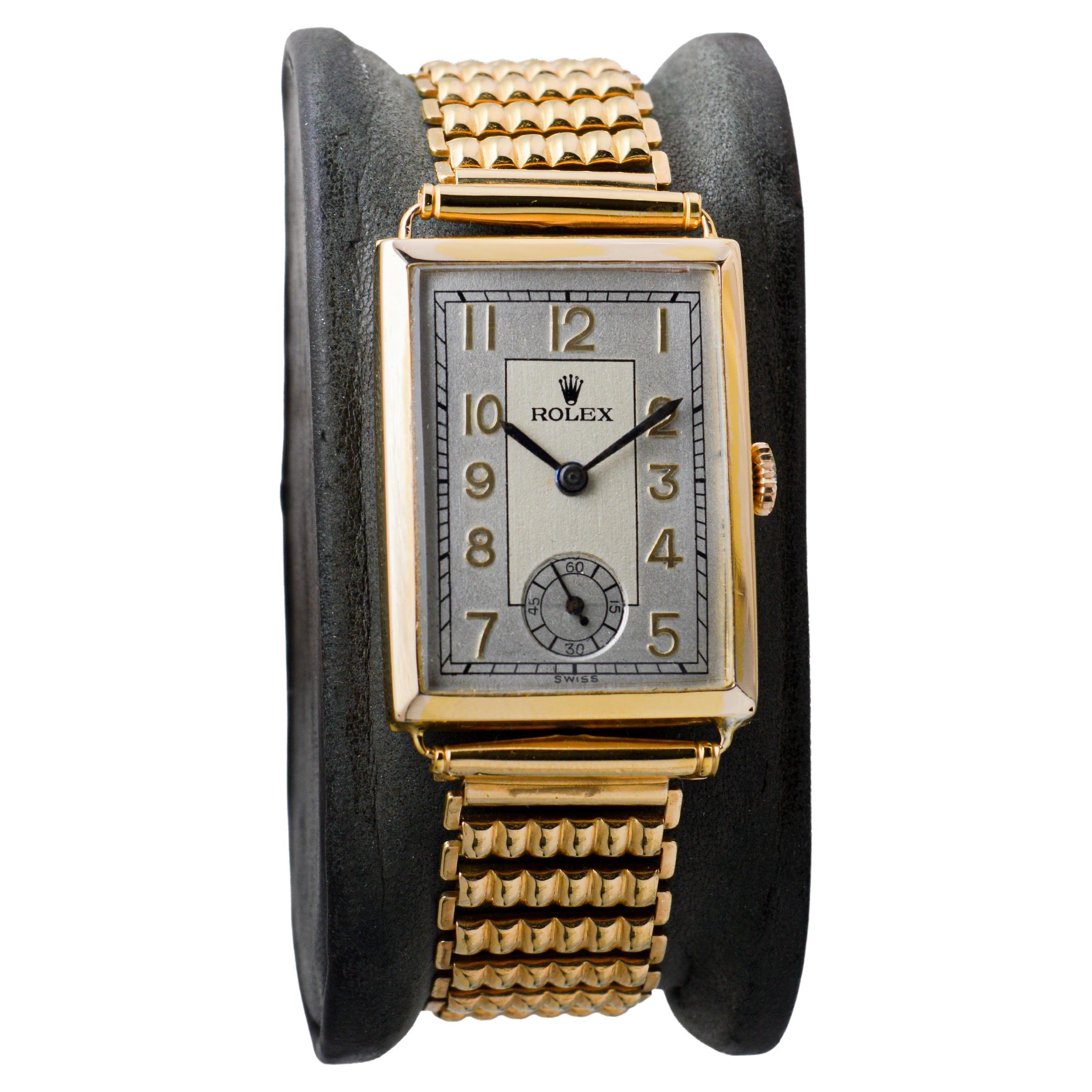 Art Deco Rolex- Rolco 9ct Dress Watch circa 1930's with Original Bamboo Ladder Bracelet For Sale