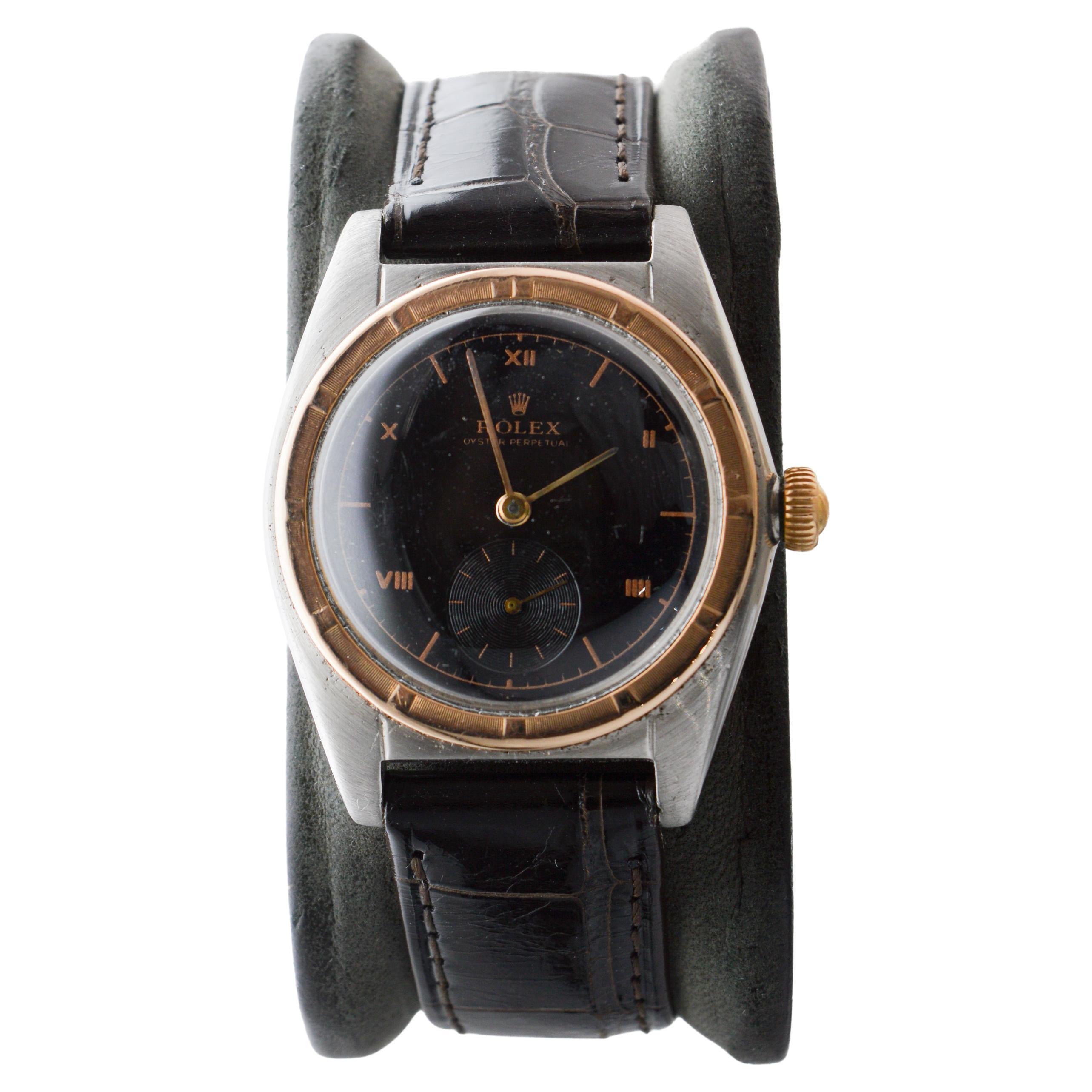 Art déco Rolex Montre Bubble Back or rose et acier avec lunette Rare Birdbird en vente