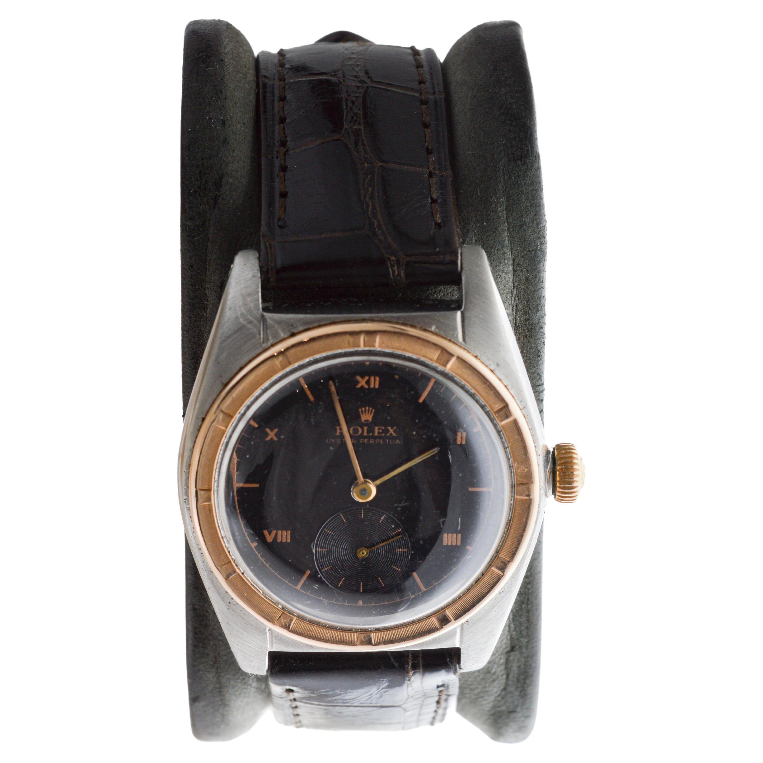 Rolex Montre Bubble Back or rose et acier avec lunette Rare Birdbird Excellent état - En vente à Long Beach, CA