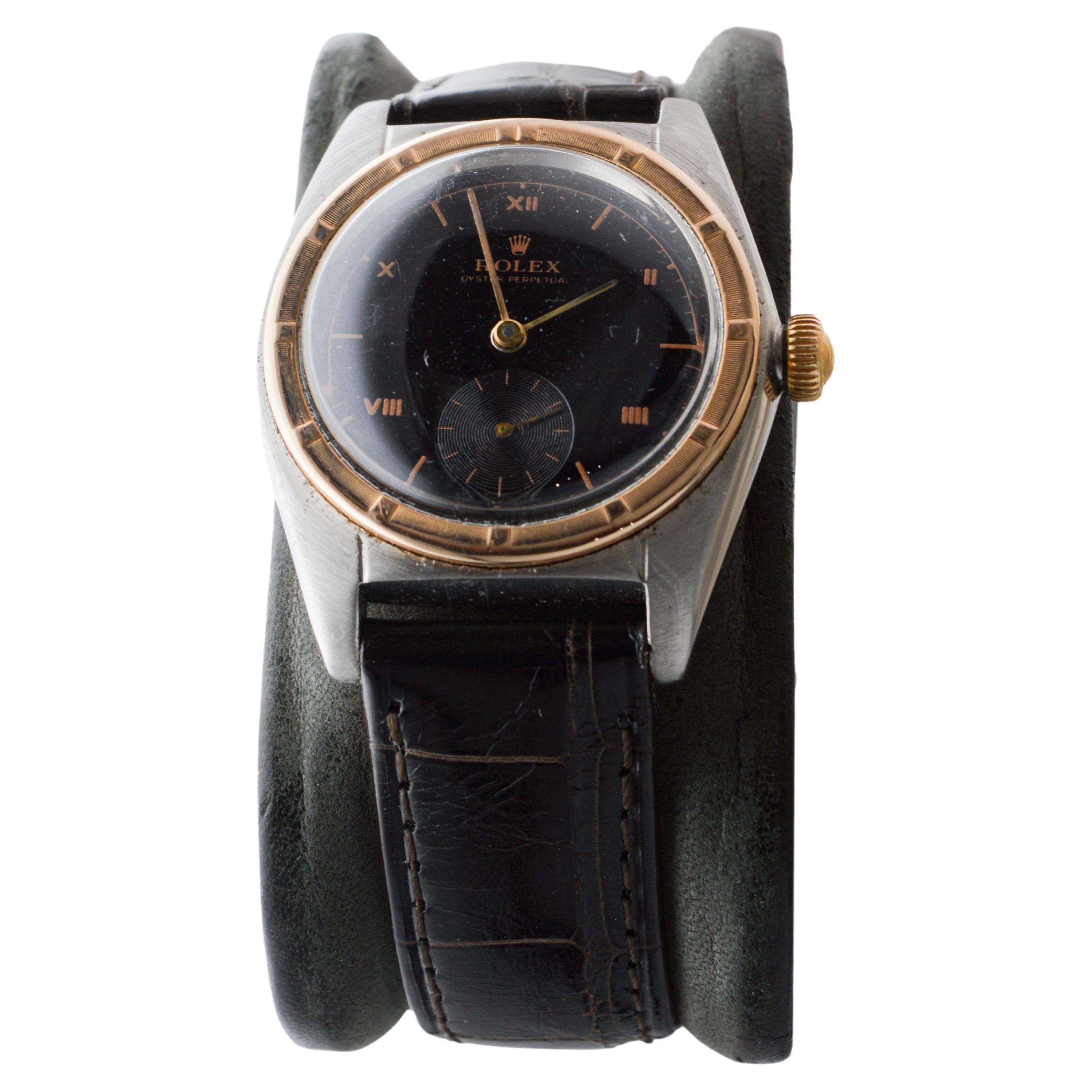 Rolex Montre Bubble Back or rose et acier avec lunette Rare Birdbird Unisexe en vente