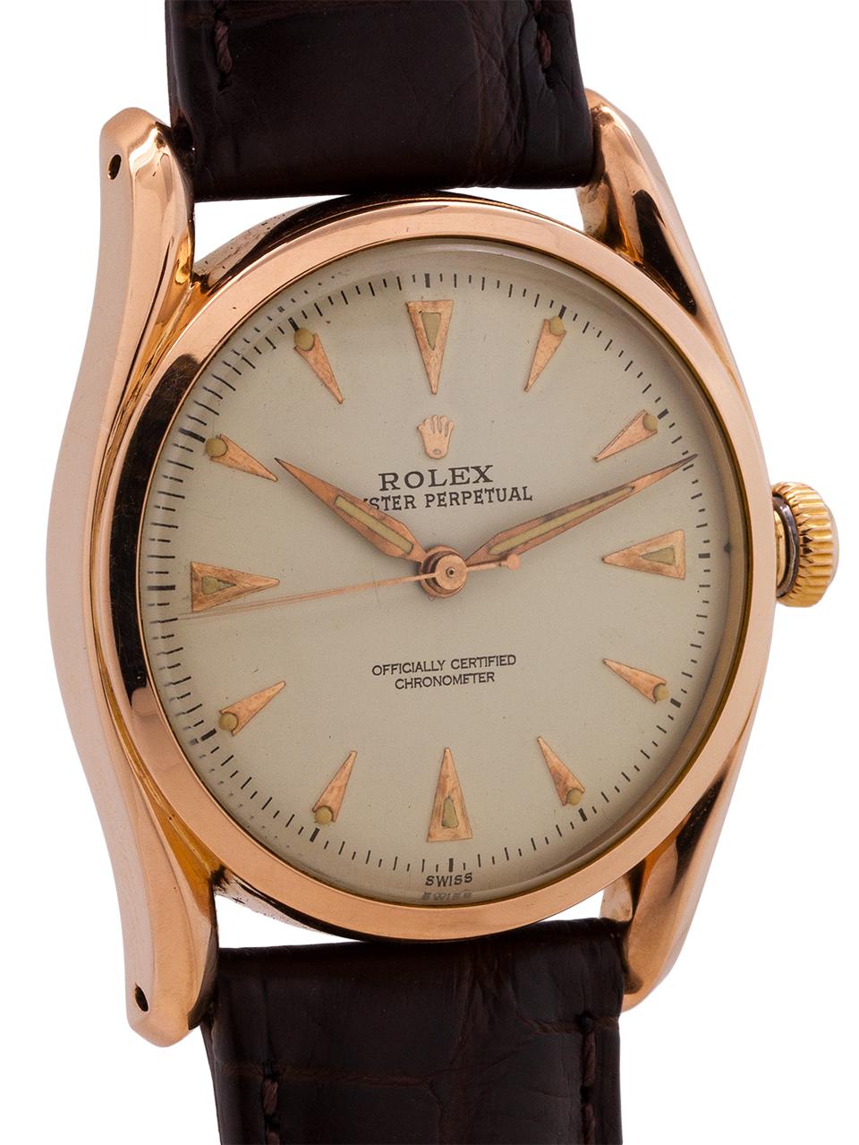 Rolex Rose Gold Bombe self winding wristwatch Ref 6090, circa 1950s In Excellent Condition In West Hollywood, CA