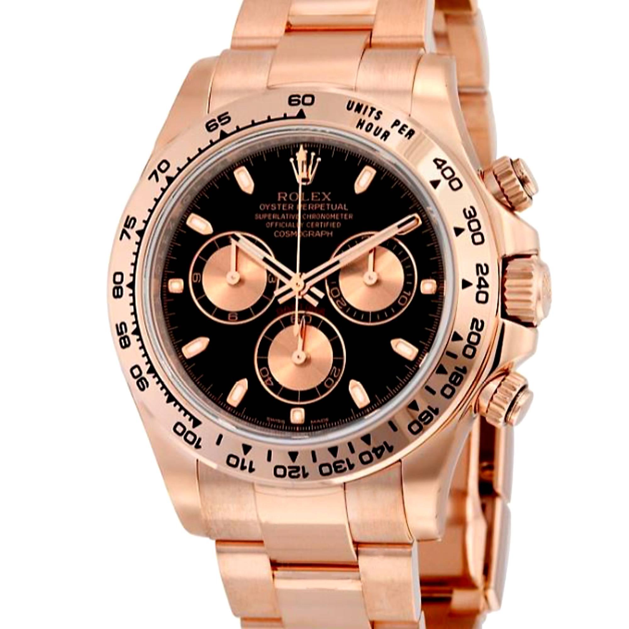 A must have sporty Rolex Daytona rose gold cosmograph, this watch exudes good taste.  This substantial watch has a case diameter of 40 mm and can operate at depths up to 100 meters (330 Feet). The interior of this watch is astounding, boasting a