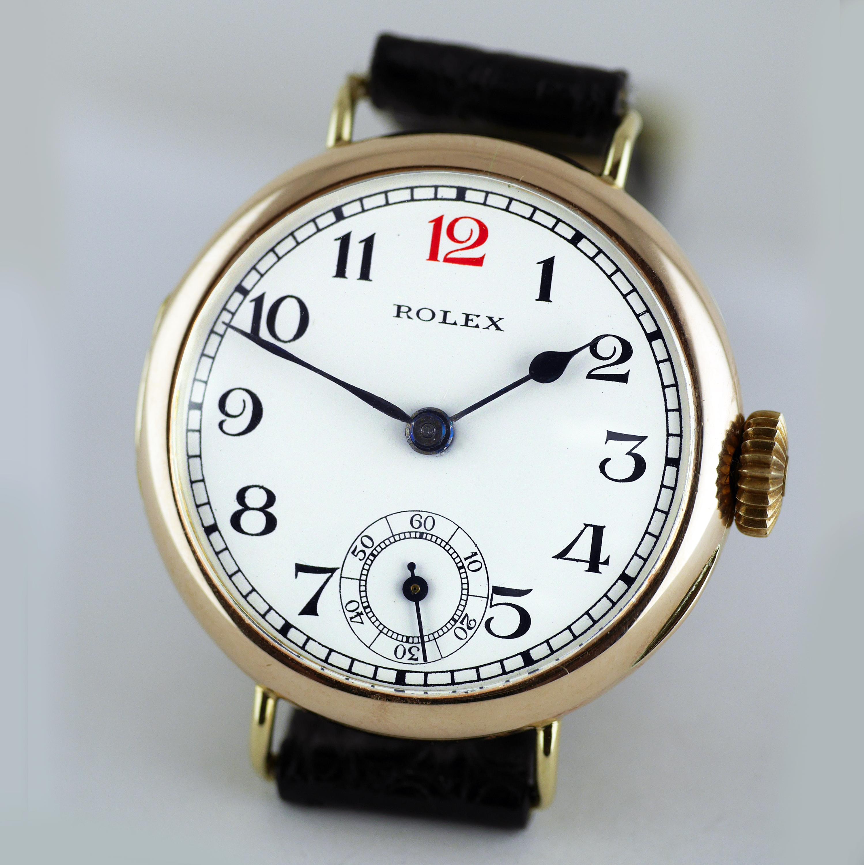 A rare vintage Officers wristwatch in Rose Gold by Rolex made in 1928.

Rose gold round case with hinged bezel and back, marked Rolex, RWC Ltd, “20 World’s Records” and “Geneva - Suisse”, hallmarked for Glasgow Import into the United Kingdom in