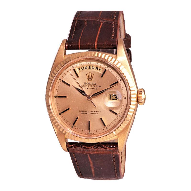 FACTORY / HOUSE: Rolex Watch Company
STYLE / REFERENCE:  President / Ref. 1805
METAL / MATERIAL: 18Kt Rose Gold 
DIMENSIONS: 44 mm X 36 mm
CIRCA: 1971 / 1972
MOVEMENT / CALIBER: Perpetual Winding / 26 Jewels / Cal. 1556
DIAL / HANDS: Original Rose /