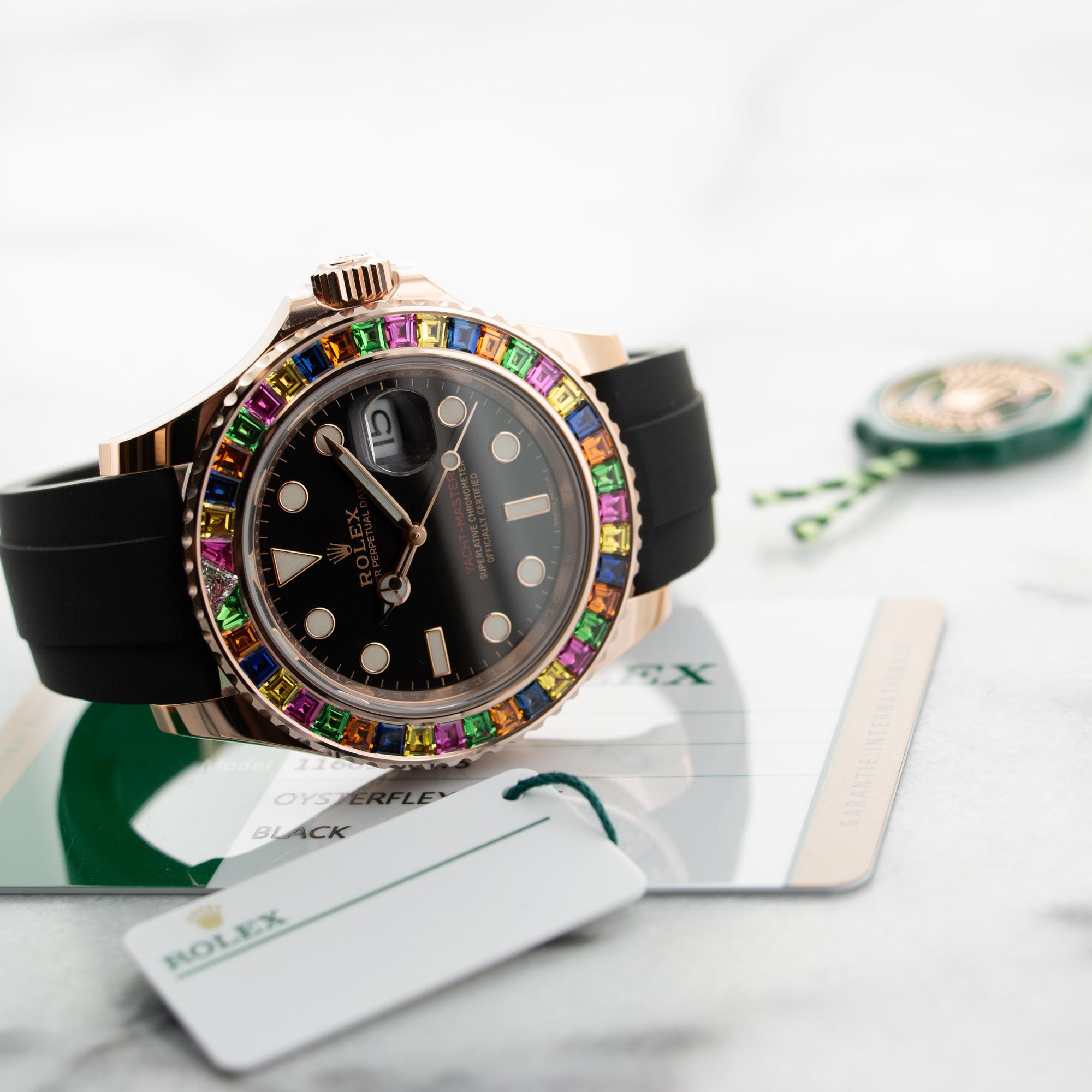 Modern Rolex Rose Gold Rainbow Sapphire Bezel Yacht-Master Wristwatch Ref 116695 For Sale