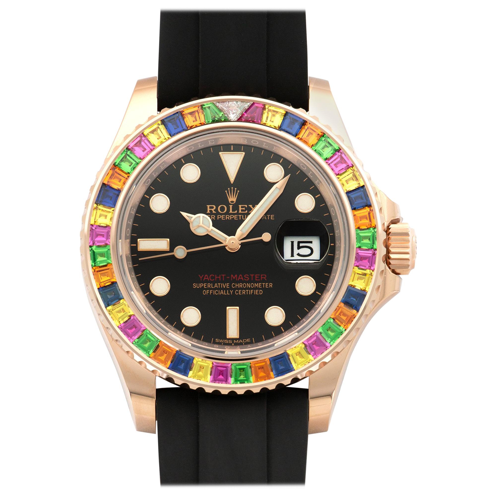 Rolex Rose Gold Rainbow Sapphire Bezel Yacht-Master Wristwatch Ref 116695 For Sale