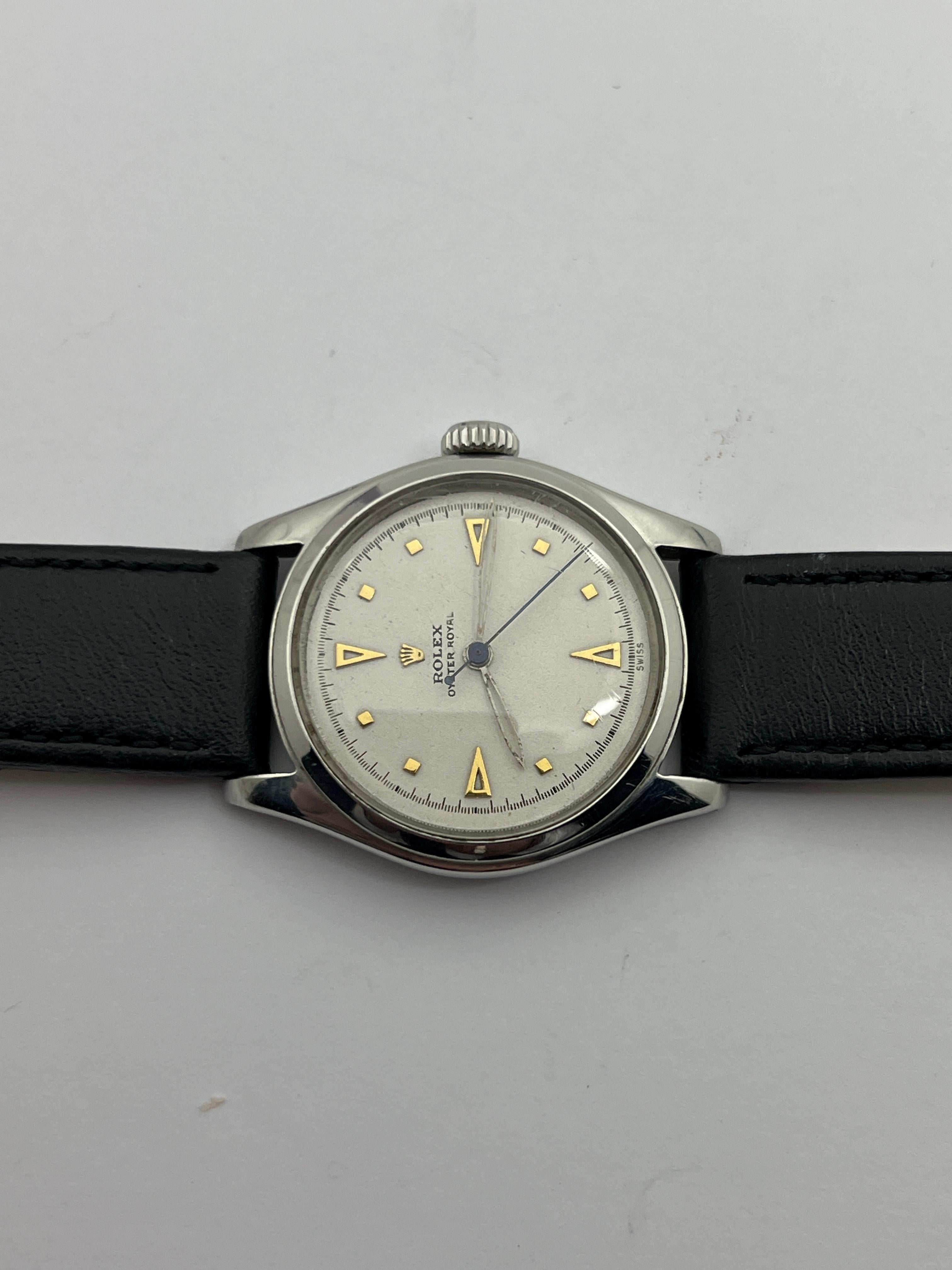 Today's offering showcases this uncommon and original Rolex Oyster Royal model #6144 encased in stainless steel. Built only in the early 1950's, these watches are fine and desirable.

A Style Note:

The Rolex Oyster Royal was introduced in 1933 and