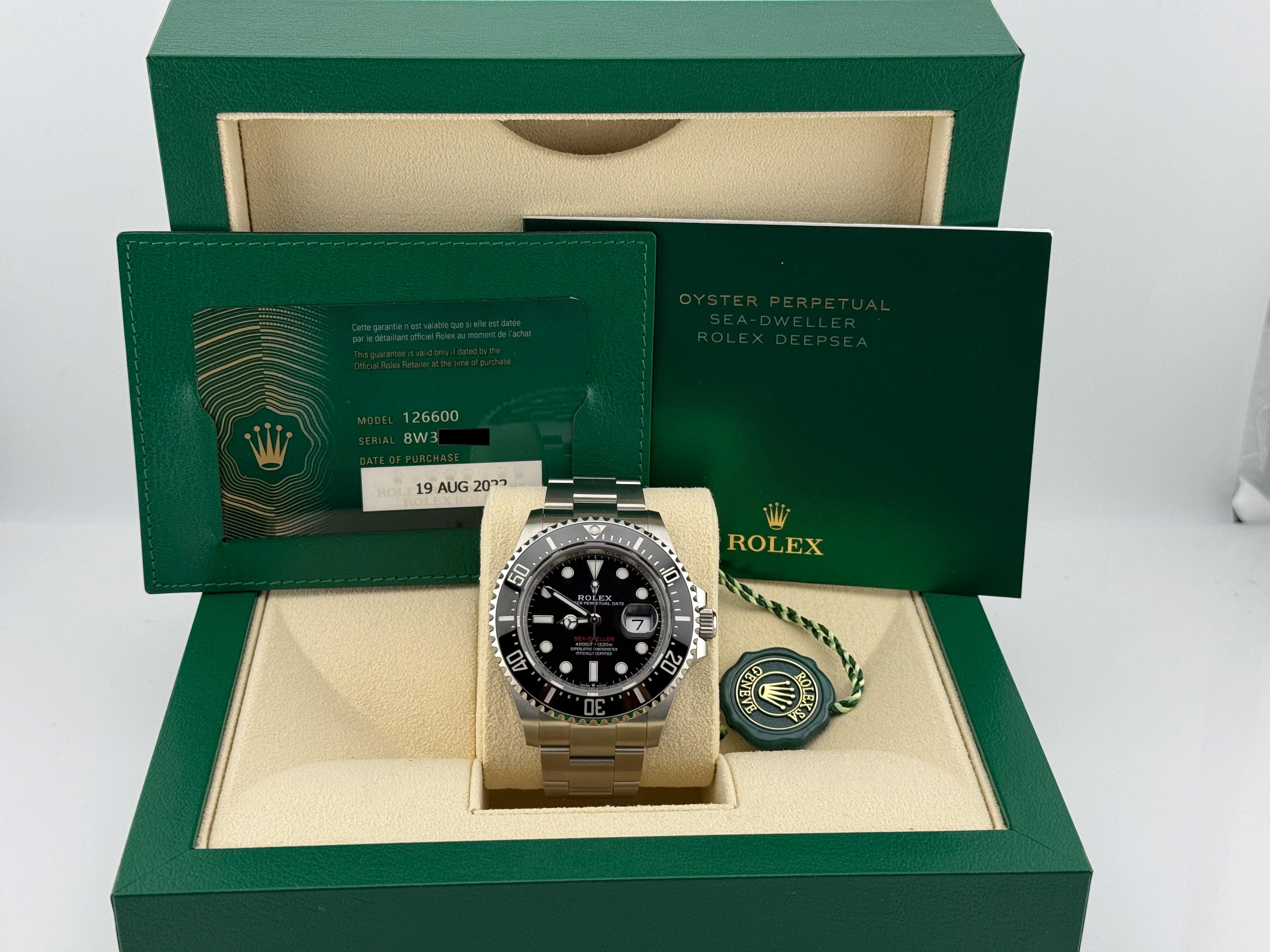 Style Number: 126600



Serial: 8W31****



Year: 2022

 

Model: Rolex Sea-Dweller Red Letters 

 

Case Material: Stainless Steel

 

Band: Stainless Steel

  

Bezel: Black Ceramic

  

Dial: Black

 

Crystal: Sapphire

 

Case Size: 43mm

