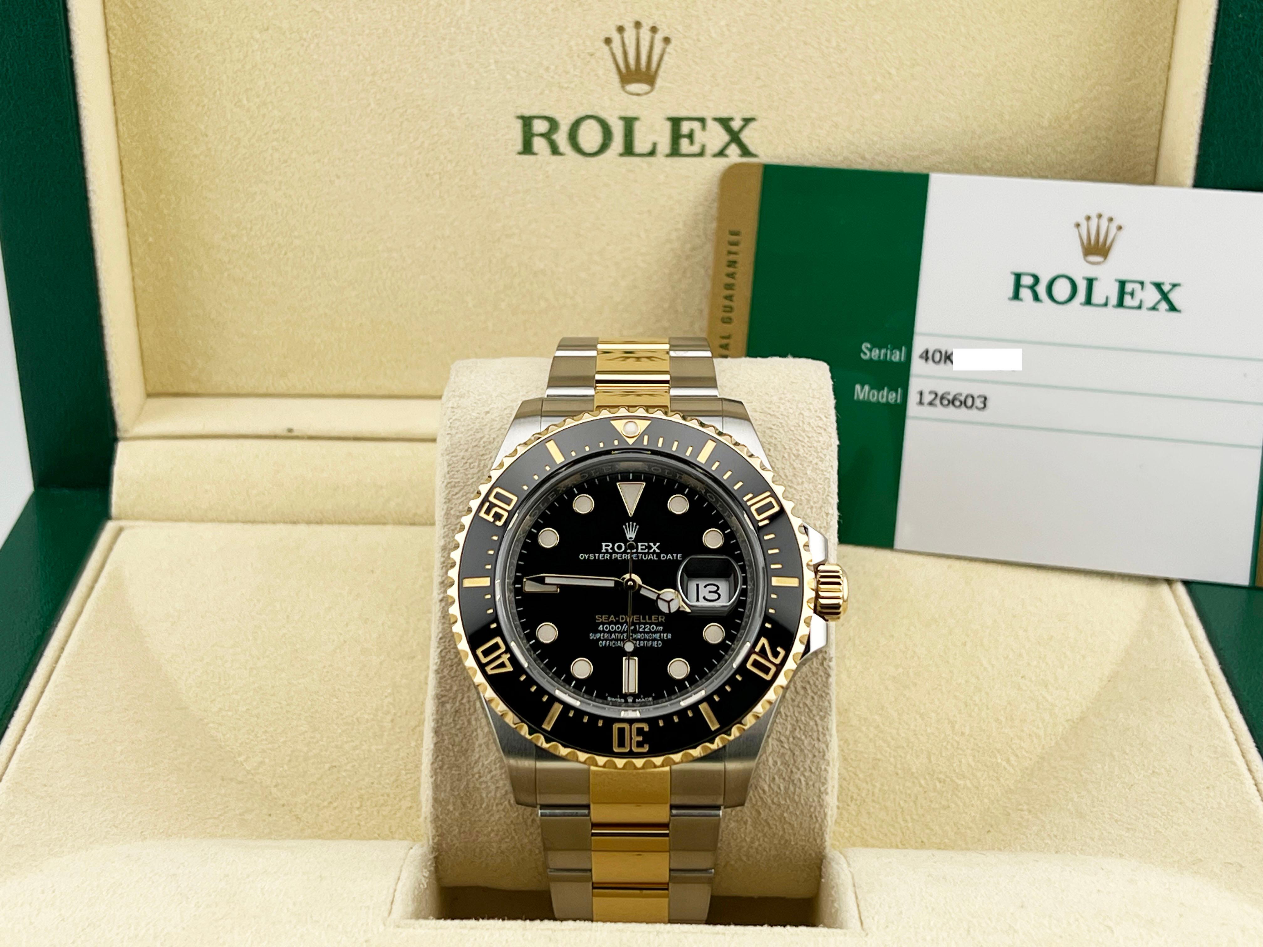 Style Number: 126603



Year: 2019

 

Model: Rolex Sea Dweller 

 

Case Material: Stainless Steel 

 

Band: 18K Yellow Gold & Stainless Steel 

  

Bezel: Black Ceramic Bezel 

  

Dial: Black 

 

Face: Sapphire Crystal 

 

Case Size: 43mm 


