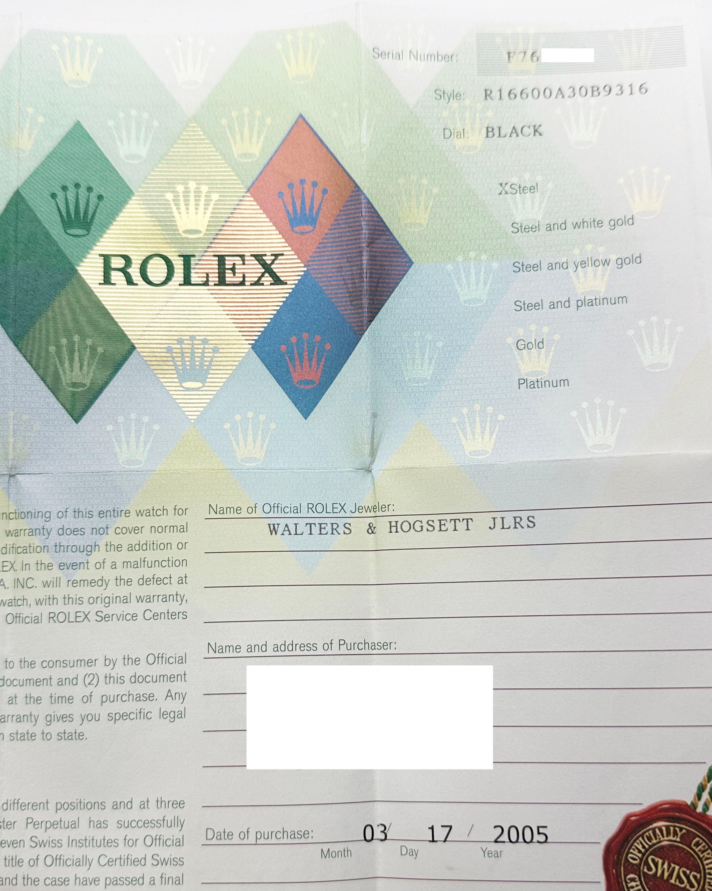 De los hombres Rolex Sea Dweller 16600 40mm Acero Inoxidable Negro 2005 Caja Papel