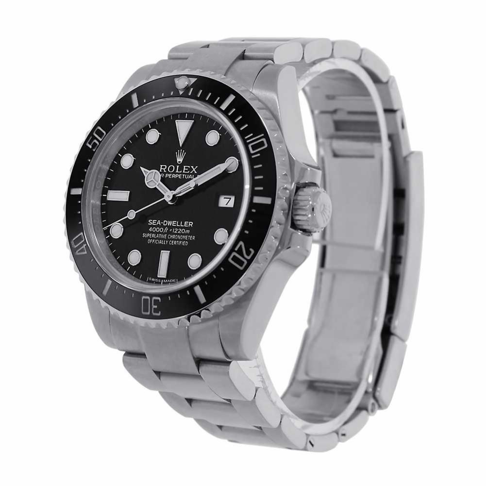 Rolex Sea-Dweller Reference #:116600. Stainless steel case with a stainless steel bracelet. Uni-directional rotating stainless steel with blac bezel. Black dial with luminous hands and index hour markers. Minute markers around the outer rim. Dial