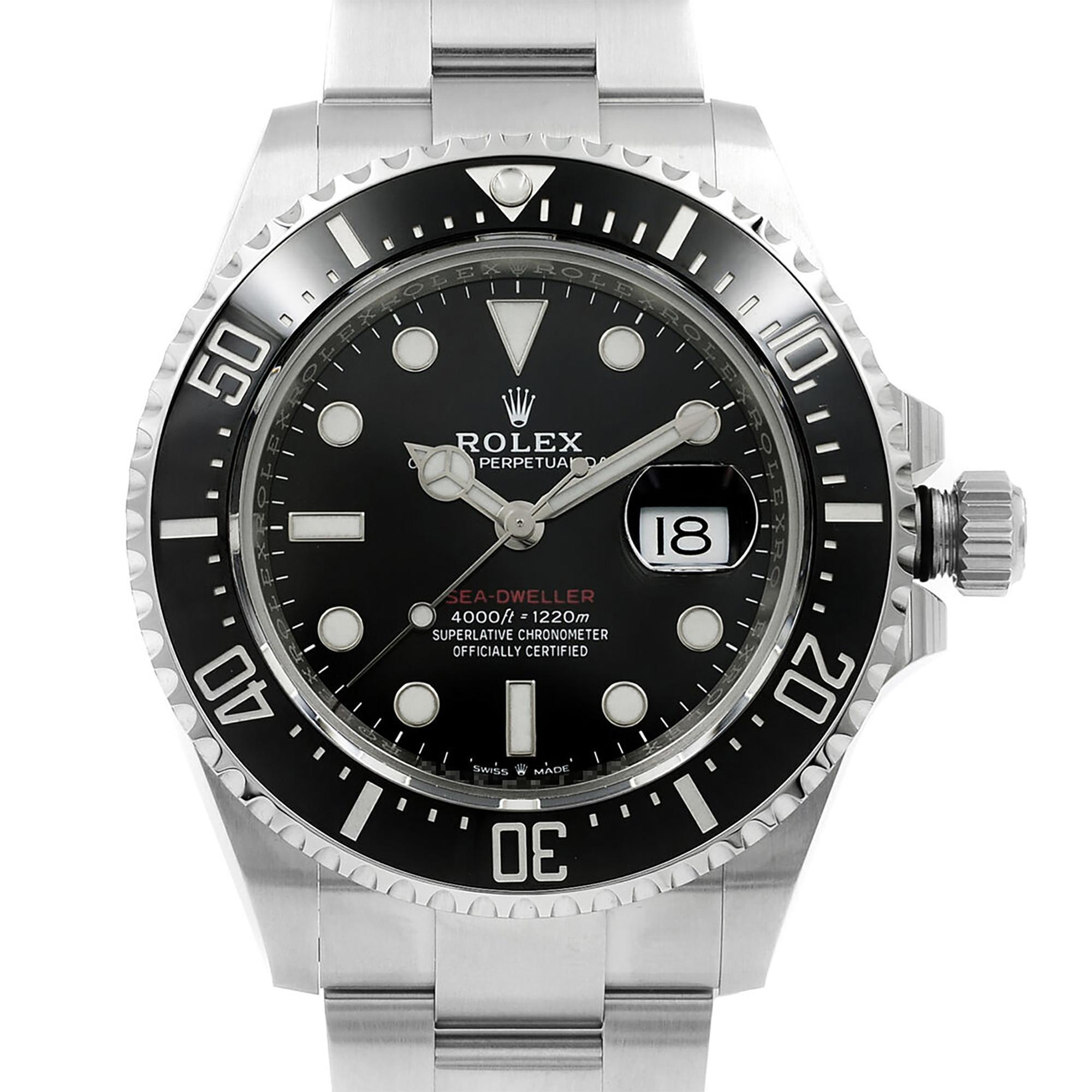 This Display model Rolex Sea-Dweller 126600 is a beautiful men's timepiece that is powered by a mechanical (automatic) movement and is cased in a stainless steel case. It has a round shape face, date indicator dial, and sticks and dots style hour