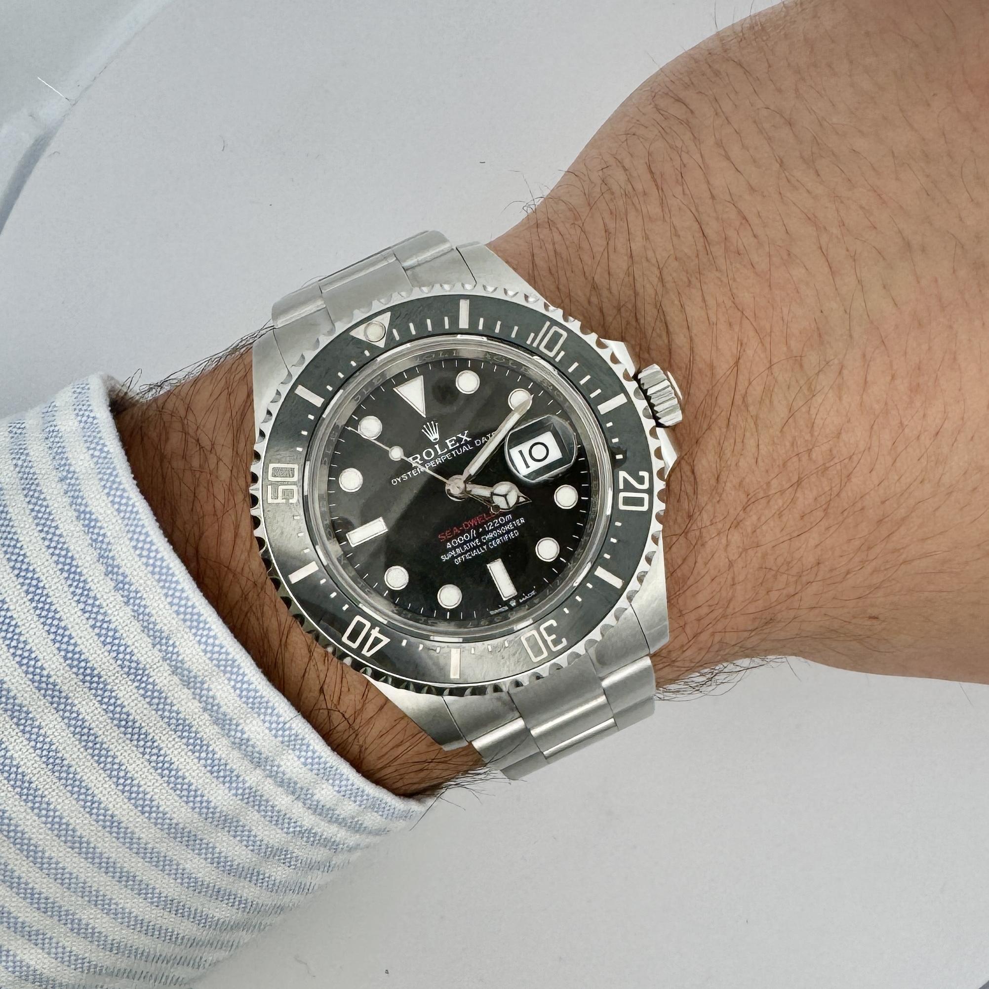A Rolex Sea-Dweller 126600 Anniversary Series, featuring a 43mm stainless steel case, 15.5mm thickness, and the signature red 