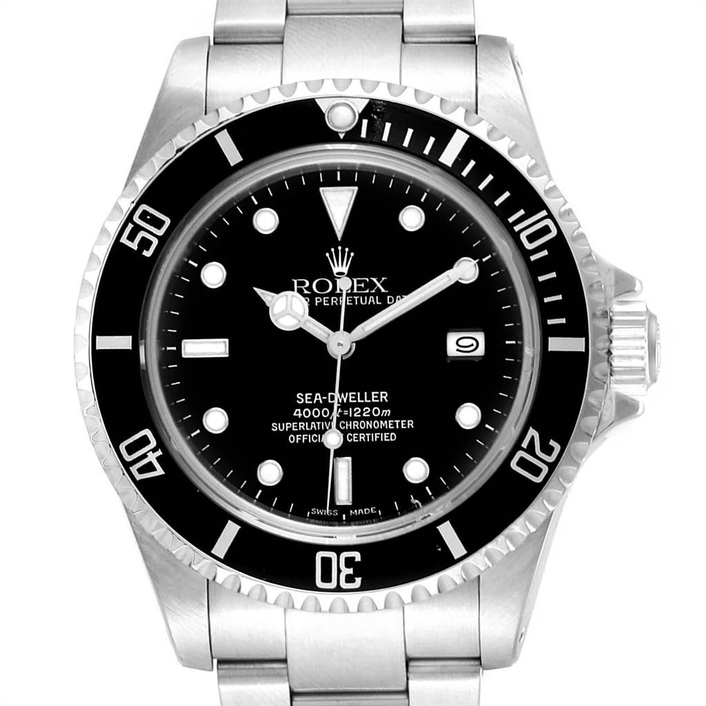 Rolex Sea-dweller Black Dial Automatic Steel Mens Watch 16600. Officially certified chronometer automatic self-winding movement. Stainless steel case 40 mm in diameter. Rolex logo on a crown. Special time-lapse unidirectional rotating bezel. Scratch