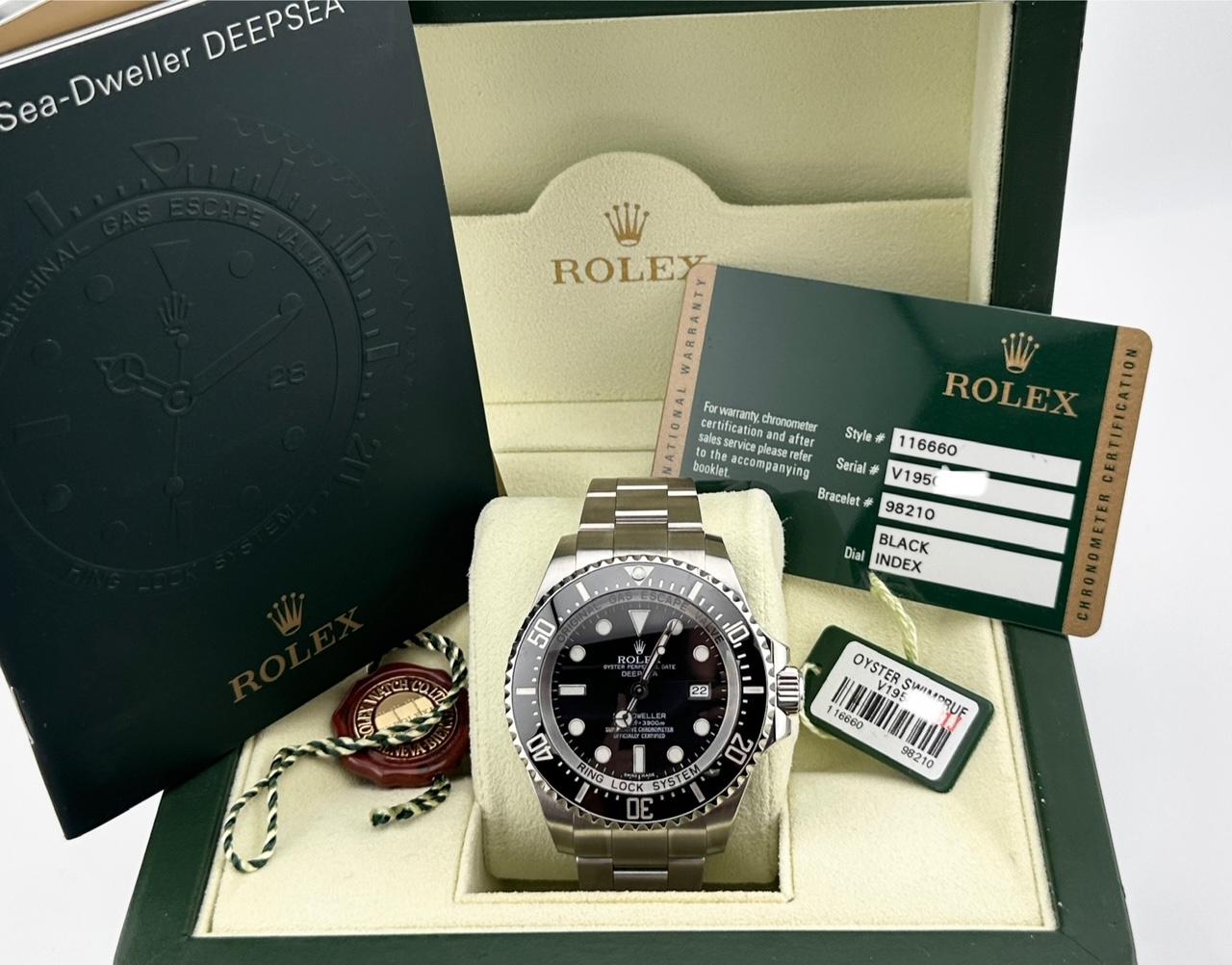 Style Number: 116660

Serial: V195***

Year: 2009

Model: Rolex Sea-Dweller Deepsea

Case Material: Stainless Steel 

Band: Stainless Steel 

Bezel: Black Ceramic Bezel 

Dial: Black Dial 

Face: Sapphire Crystal 

Case Size: 44mm 

Includes: