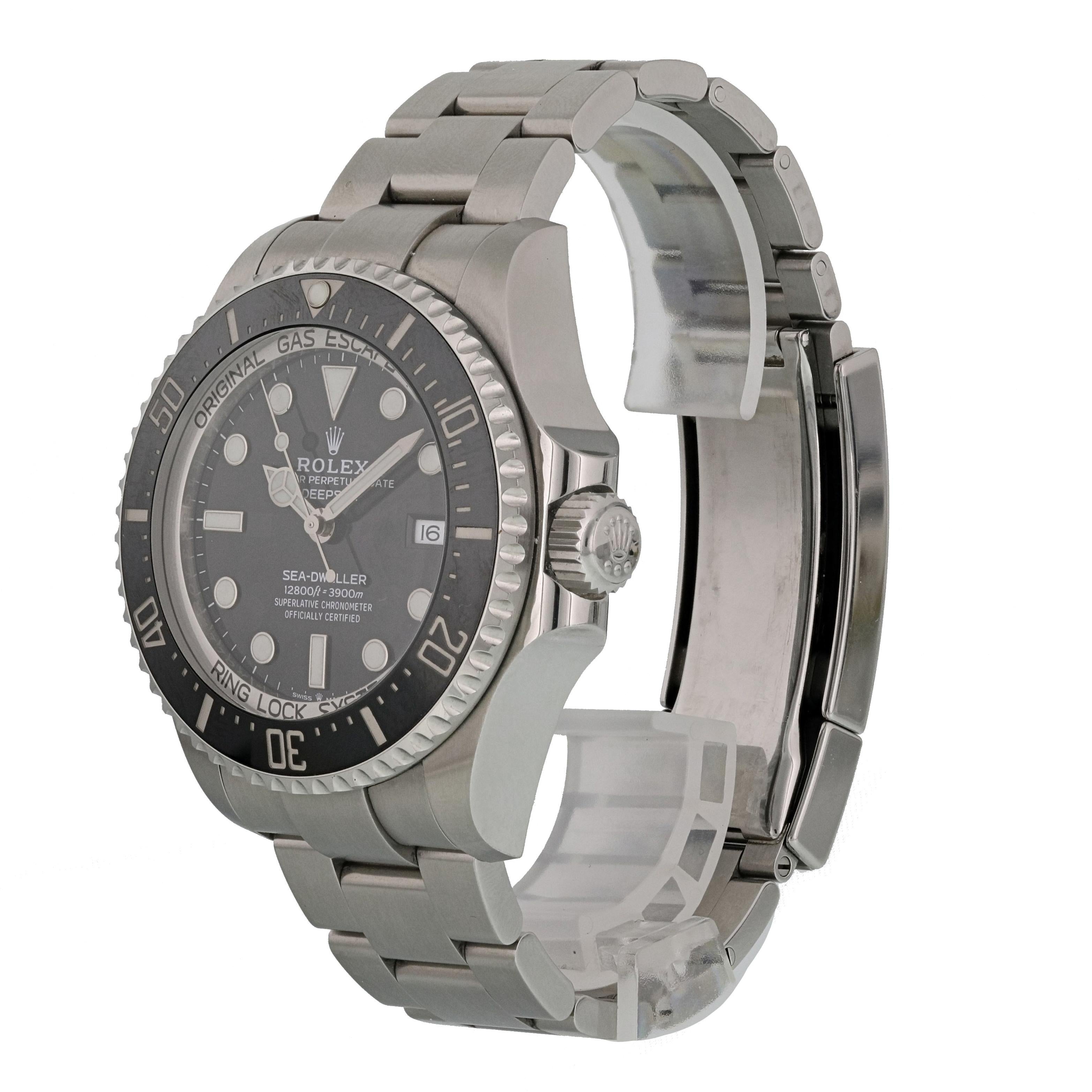 Rolex Sea Dweller Deepsea 126660 Mens Watch
44mm Stainless Steel case. 
Stainless Steel Unidirectional bezel. 
Black dial with Luminous Steel hands and dot hour markers. 
Minute markers on the outer dial. 
Date display at the 3 o'clock position.
