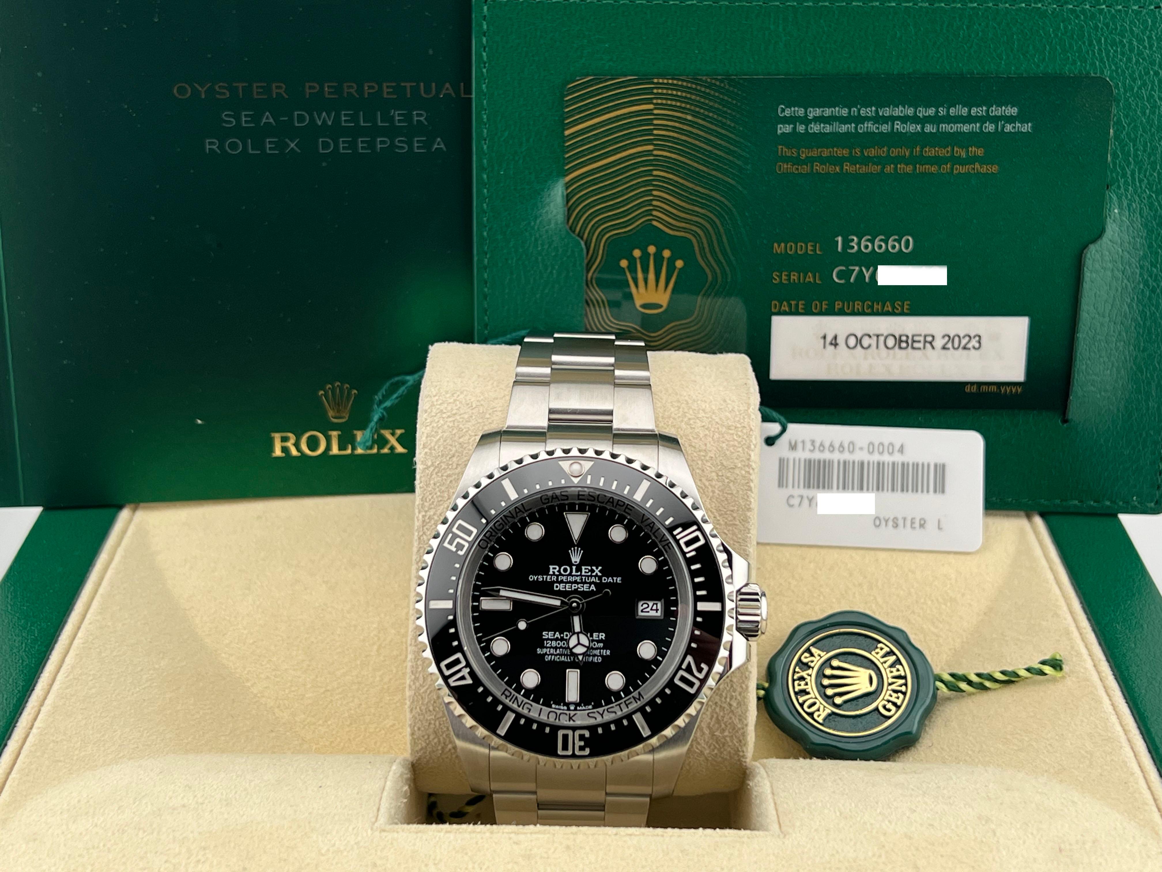 Style Number: 136660



Year: 2023

 

Model: Rolex Sea-Dweller Deepsea 

 

Case Material: Stainless Steel 

 

Band: Stainless Steel 

  

Bezel: Black Ceramic 

  

Dial: Black 

 

Face: Sapphire Crystal 

 

Case Size: 44mm 

 

Includes: 

-