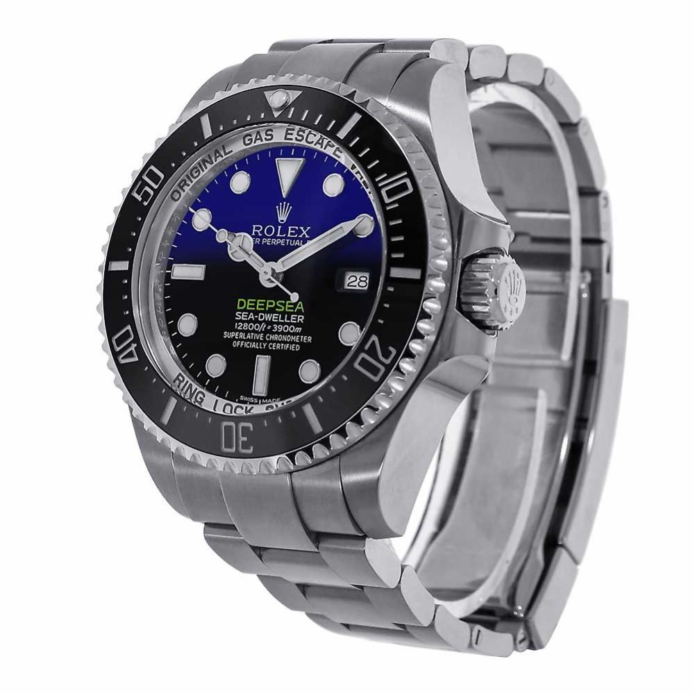 Rolex Sea-Dweller Reference #:116660. Stainless steel case with a stainless steel Rolex Oyster bracelet. Unidirectional rotating (cerachrom insert) bezel. Deep blue dial with silver-tone hands and dot hour markers. Minute markers around the outer