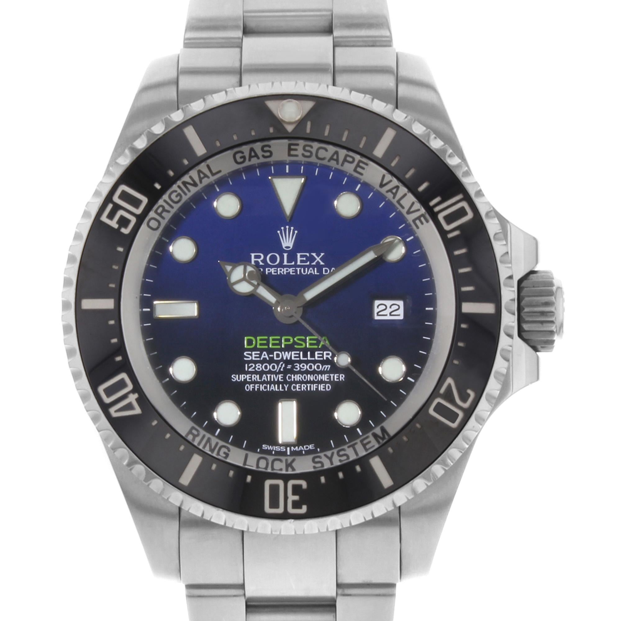 This pre-owned Rolex Sea-Dweller 116660  is a beautiful men's timepiece that is powered by a mechanical (automatic) movement which is cased in a stainless steel case. It has a round shape face, date indicator dial, and has hand sticks & dots style