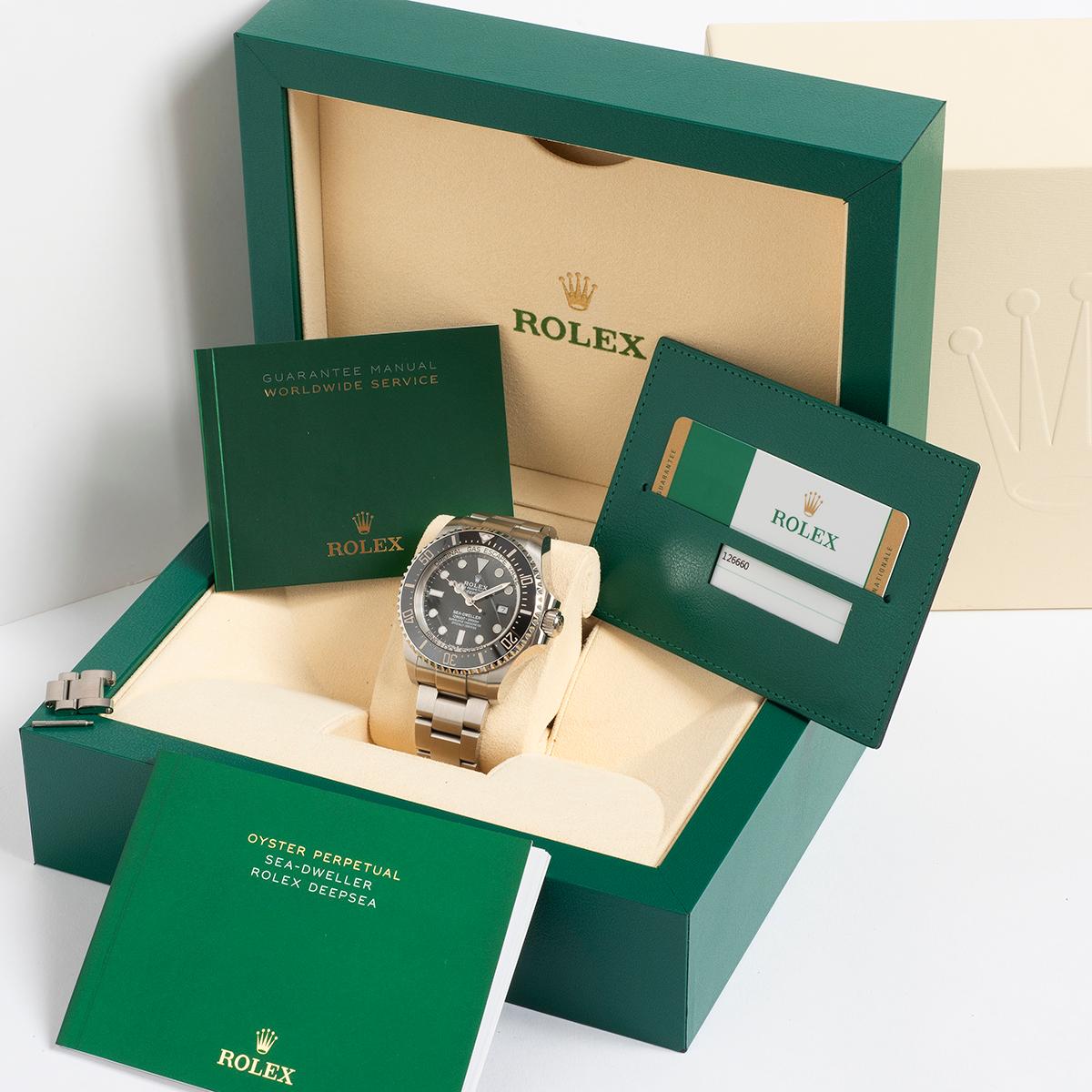 Our Rolex Sea-dweller Deepsea, reference 126660 is presented in outstanding condition, with light signs of use, and the protective stickers in place on the clasp. Our example comprises inner and outer box and card sleeve, DeepSea instructions,