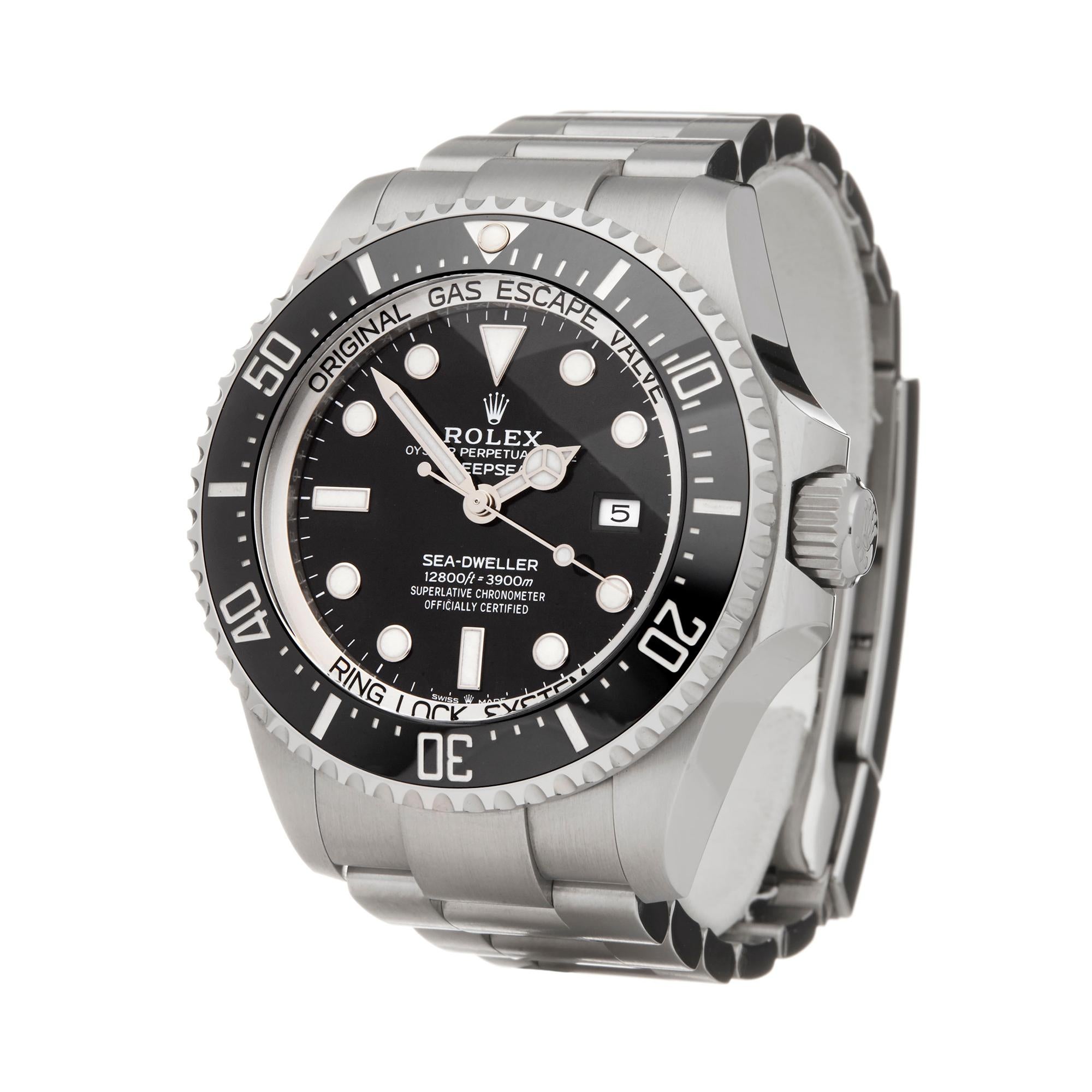Ref: W6207
Manufacturer: Rolex
Model: Sea-Dweller 
Model Ref: 126660
Age: 17th April 2019
Gender: Mens
Complete With: Box, Manuals, Guarantee, Card Holder & Swing Tag 
Dial: Black
Glass: Sapphire Crystal
Movement: Automatic
Water Resistance: To