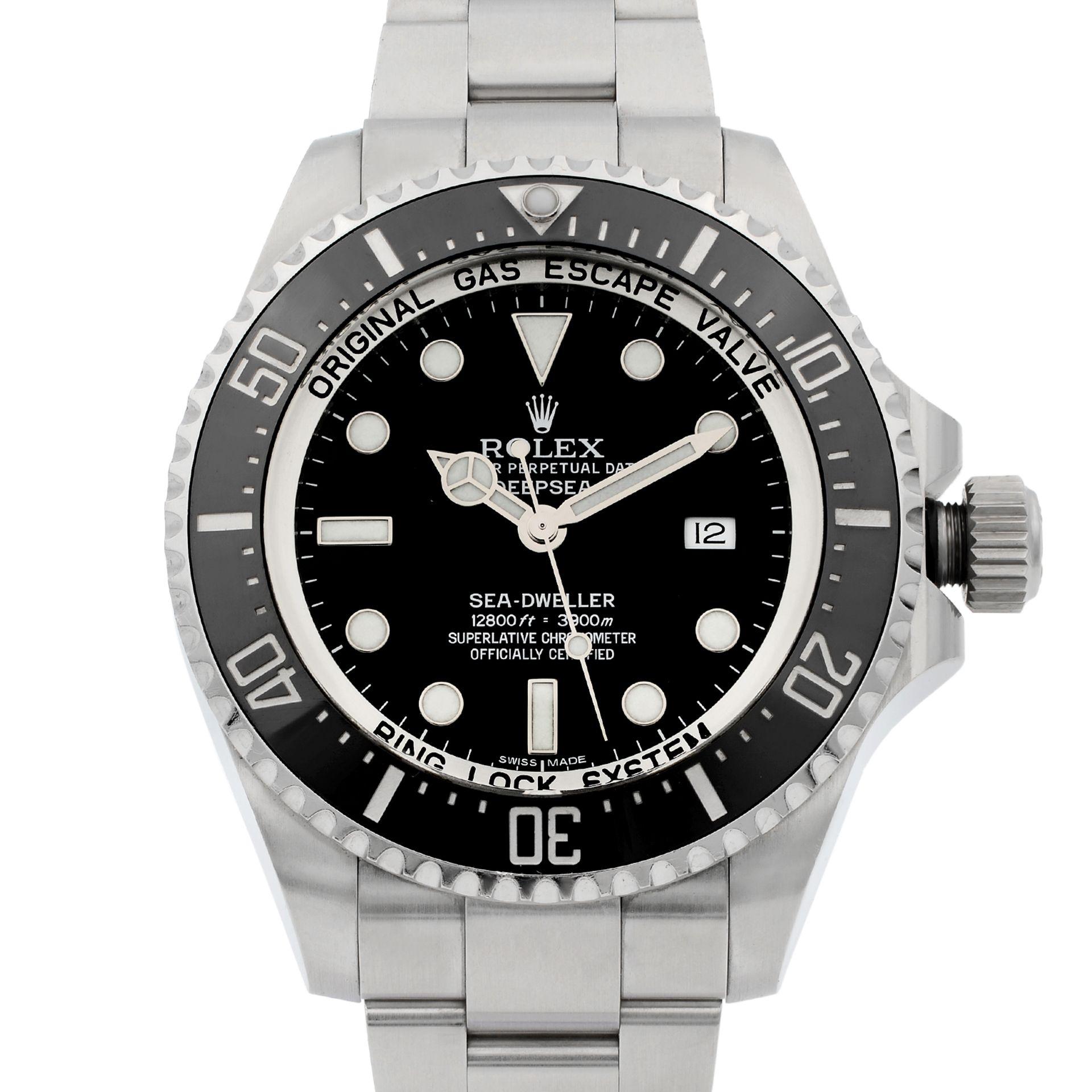 This pre-owned Rolex Deepsea  116660  is a beautiful men's timepiece that is powered by an automatic movement which is cased in a stainless steel case. It has a round shape face, date dial, and has hand sticks & dots style markers. It is completed