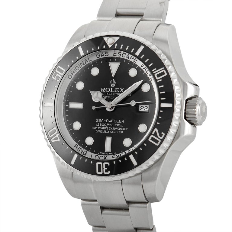 The Rolex Sea-Dweller Deepsea Watch, reference number 116660, is a bold timepiece with a straightforward sense of style. 

This watch feautres a 44mm case and bracelet crafted from stainless steel. It’s also accented by a unidirectional rotating