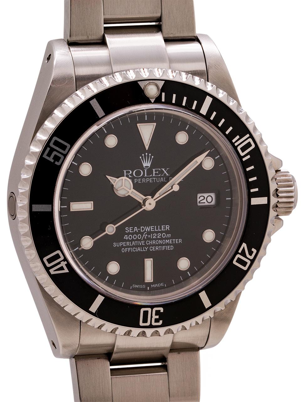
Rolex Sea-Dweller ref 16600, Y serial# circa 2002. Featuring 40mm diameter stainless steel case with unidirectional elapsed time bezel and sapphire crystal. Original glossy black dial with luminova indexes and matching hands and original elapsed