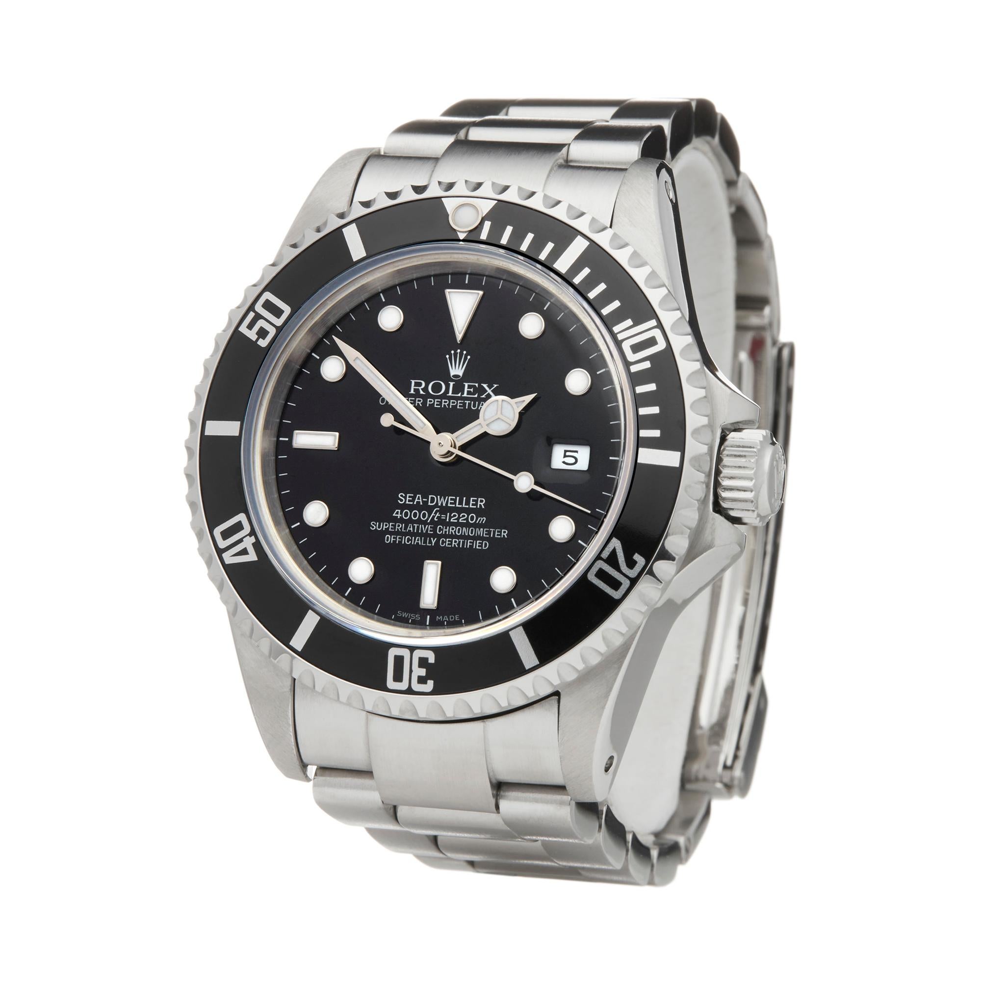 Ref: W6029
Manufacturer: Rolex
Model: Sea-Dweller
Model Ref: 16660
Age: 11th January 1989
Gender: Mens
Complete With: Box, Manuals & Guarantee
Dial: Black
Glass: Sapphire Crystal
Movement: Automatic
Water Resistance: To Manufacturers