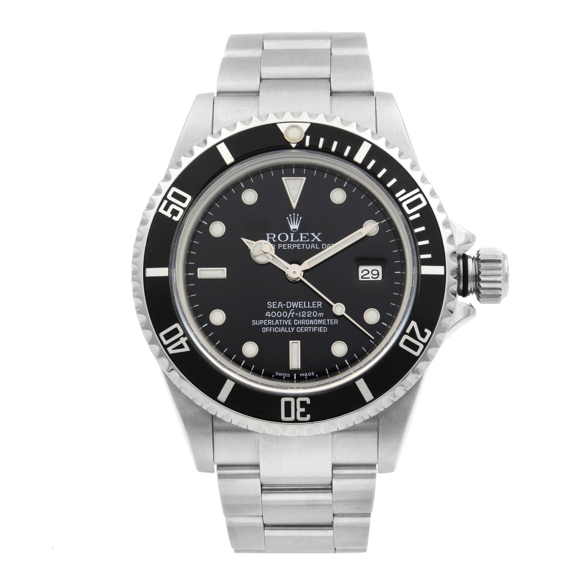 This pre-owned Rolex Sea-Dweller 16600 is a beautiful men's timepiece that is powered by a mechanical (automatic) movement which is cased in a stainless steel case. It has a round shape face, date indicator dial, and has hand sticks & dots style