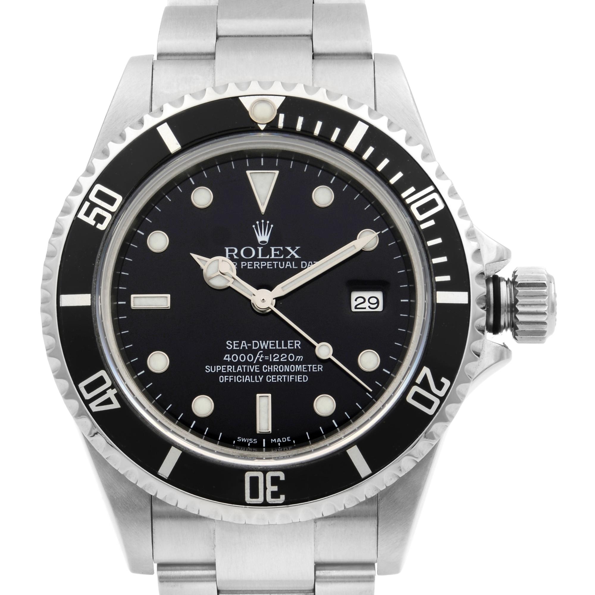 This pre-owned Rolex Sea-Dweller 16600 is a beautiful men's timepiece that is powered by mechanical (automatic) movement which is cased in a stainless steel case. It has a round shape face, date indicator dial and has sticks and dots style hour