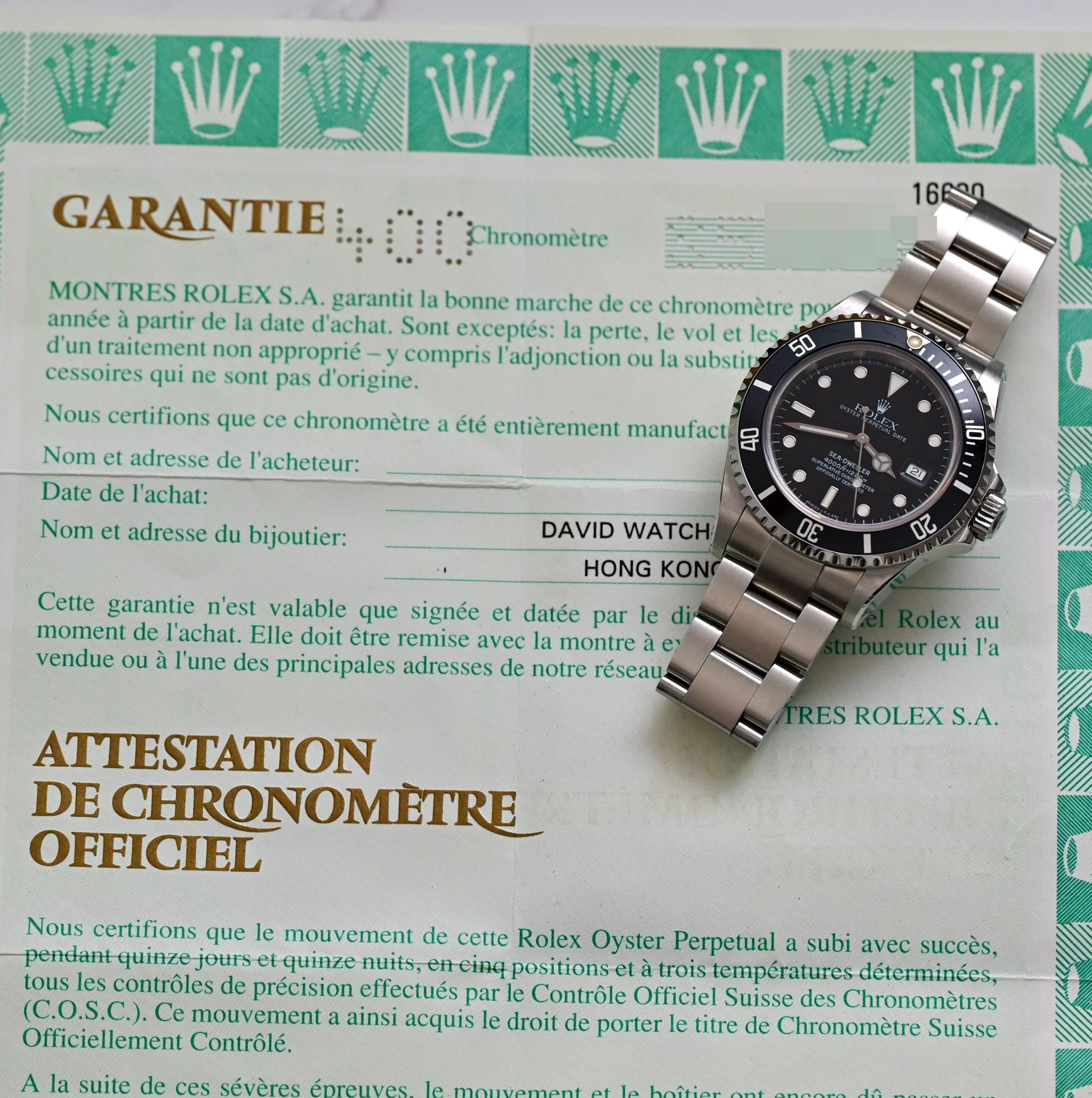 Brand: Rolex
Model: 16600
Year: 1994
Serial number: S5xxxxx

Reference: C04458

Case: Show sign of wear with slight polish from previous; inner case back stamped 16600

Dial: Excellent Condition Black Dial along with matching hands

Bracelet: 93160
