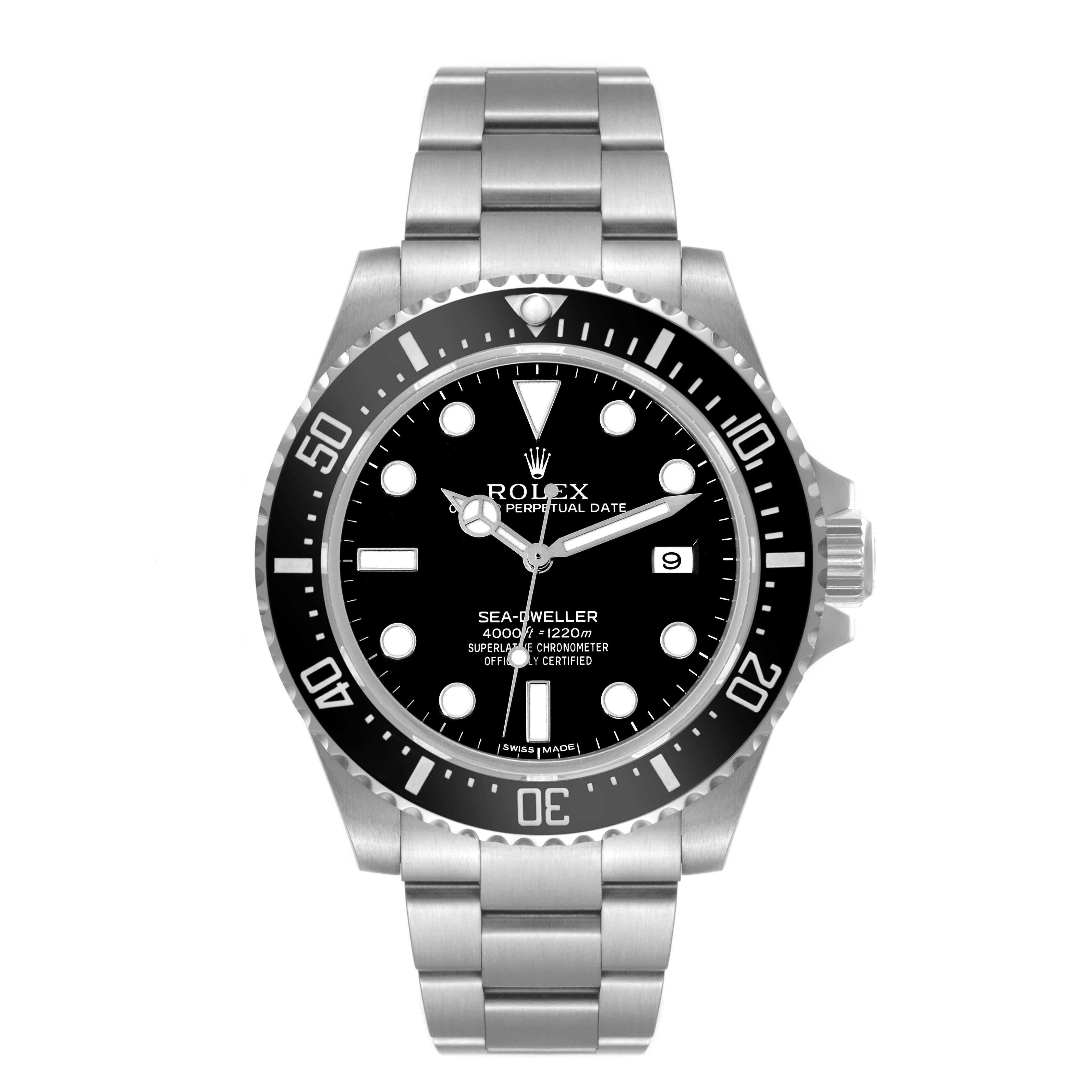Rolex Seadweller 4000 Automatic Steel Mens Watch 116600 Box Card. Officially certified chronometer self-winding movement. Stainless steel oyster case 40.0 mm in diameter. Rolex logo on a crown. Ceramic unidirectional rotating bezel. Scratch