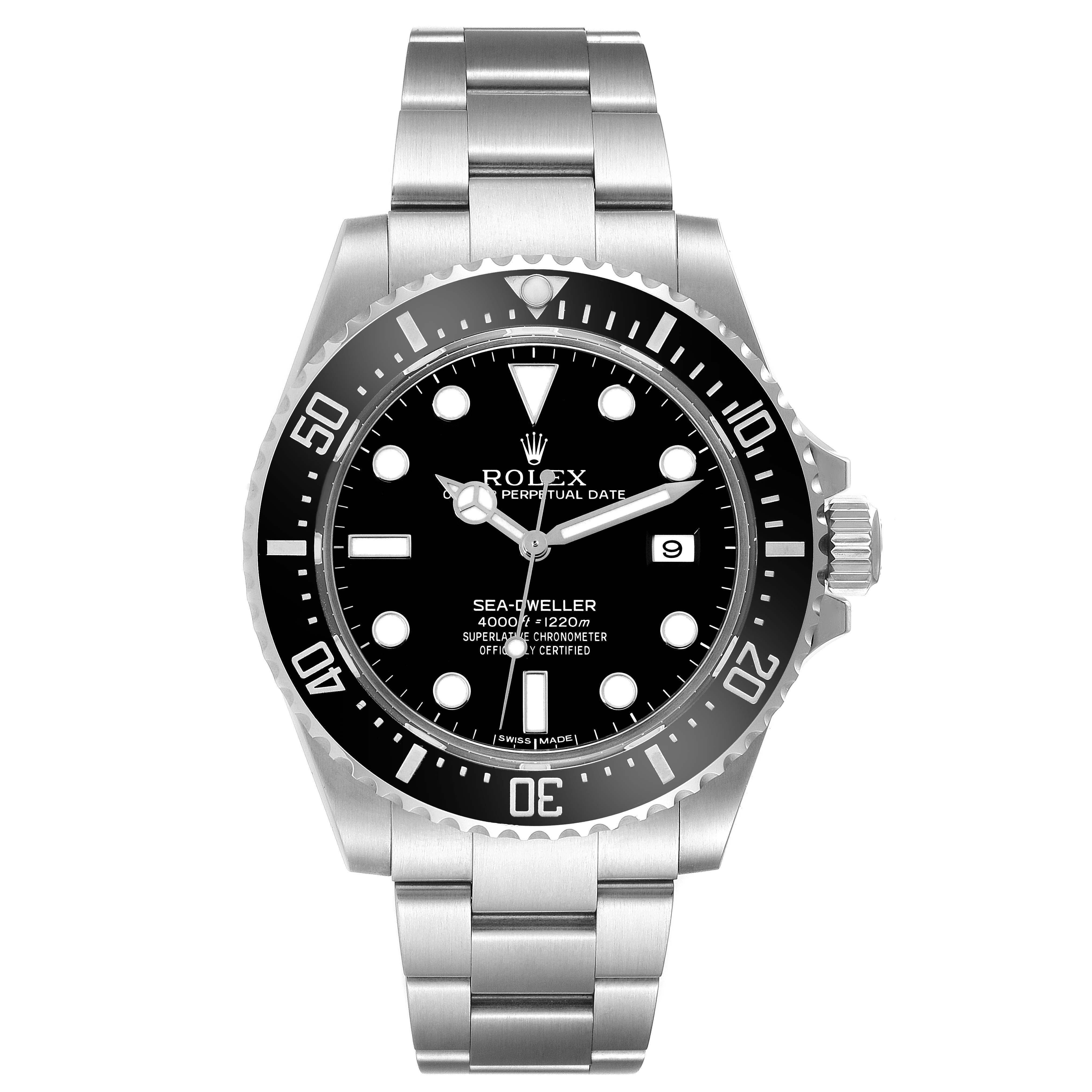 Rolex Seadweller 4000 Automatic Steel Mens Watch 116600 Box Card. Officially certified chronometer self-winding movement. Stainless steel oyster case 40.0 mm in diameter. Rolex logo on a crown. Ceramic unidirectional rotating bezel. Scratch
