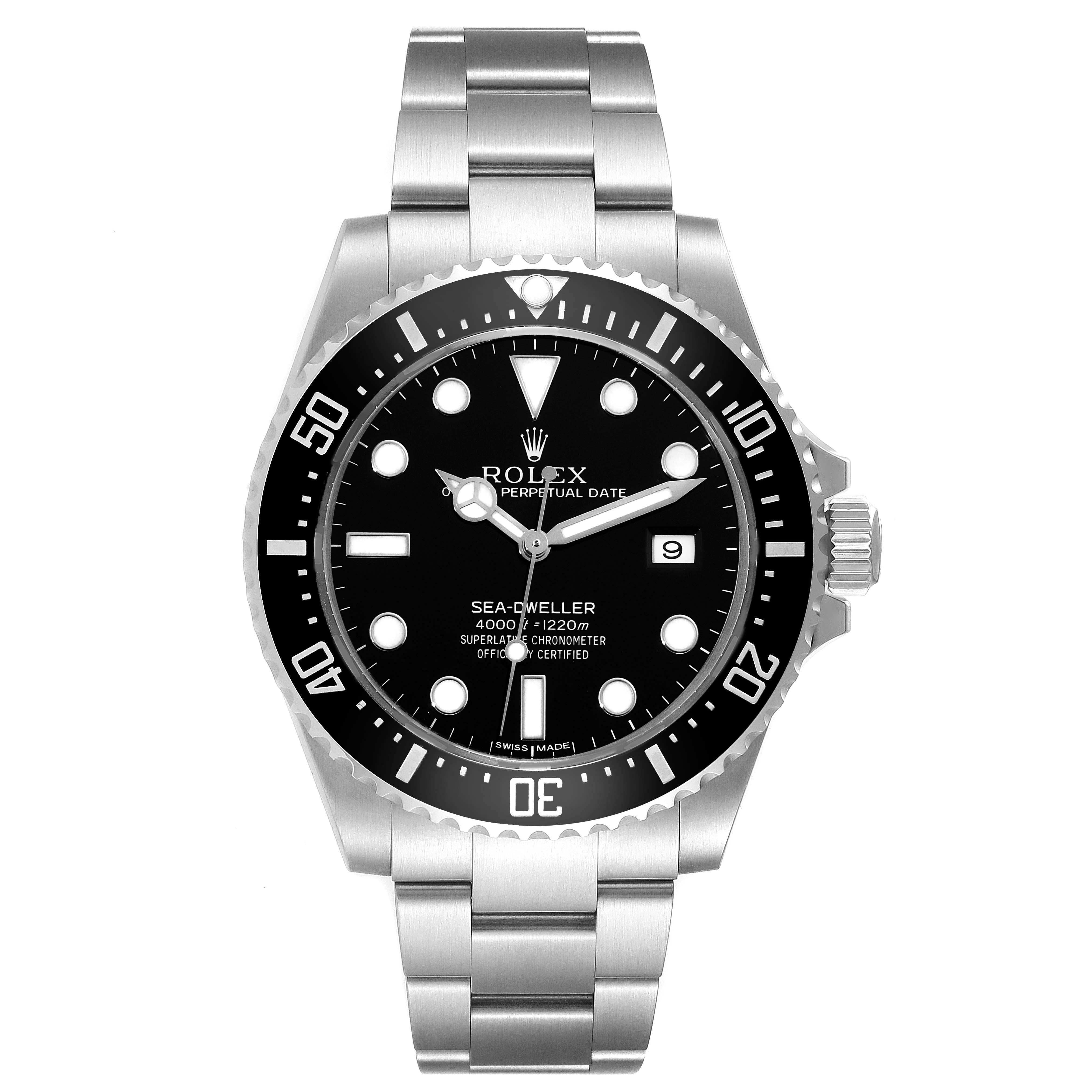 Rolex Seadweller 4000 Automatic Steel Mens Watch 116600 Box Card. Officially certified chronometer automatic self-winding movement. Stainless steel oyster case 40.0 mm in diameter. Rolex logo on a crown. Ceramic unidirectional rotating bezel.