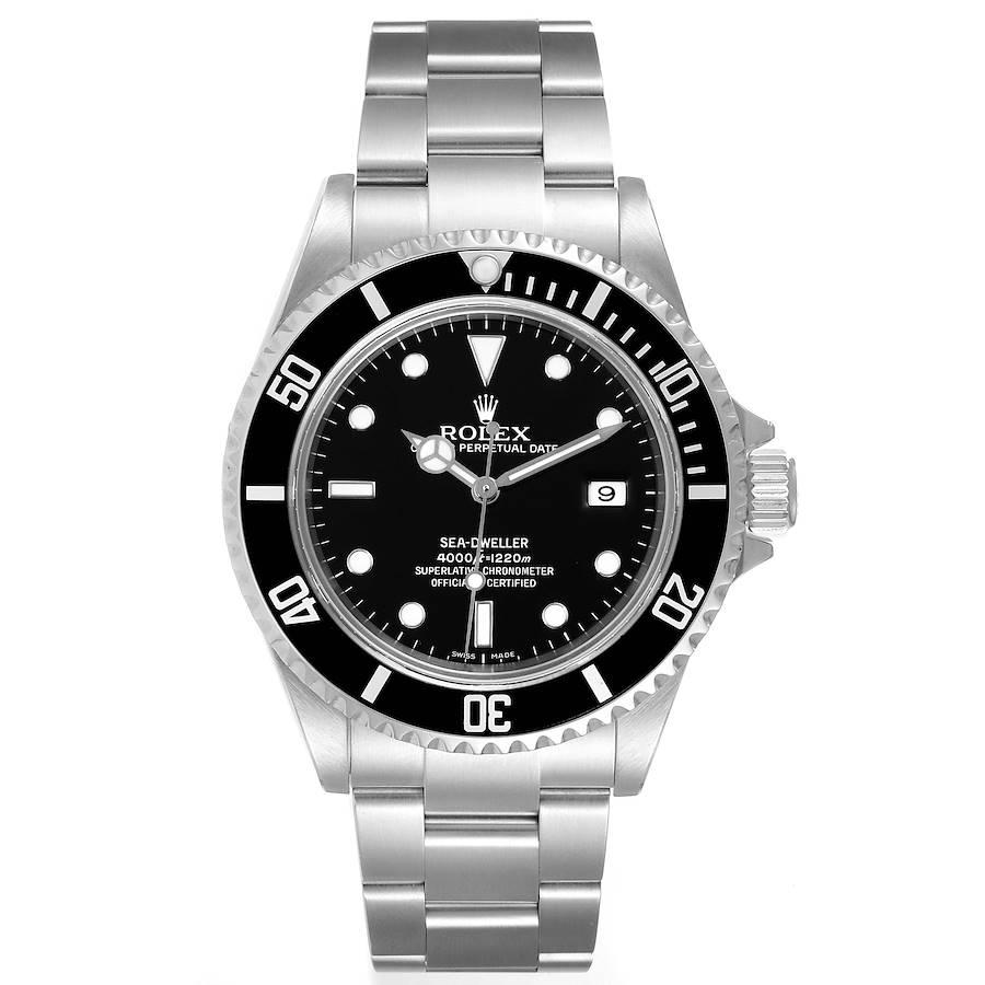 Rolex Seadweller 4000 Black Dial Steel Mens Watch 16600 Box Card. Officially certified chronometer self-winding movement. Stainless steel case 40 mm in diameter. Rolex logo on a crown. Special time-lapse unidirectional rotating bezel. Scratch