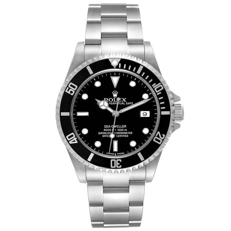 Rolex Seadweller 4000 Black Dial Steel Mens Watch 16600 Box Card. Officially certified chronometer automatic self-winding movement. Stainless steel case 40 mm in diameter. Rolex logo on the crown. Special time-lapse unidirectional rotating bezel.