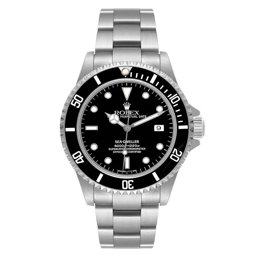 Rolex Seadweller 4000 Black Dial Steel Mens Watch 16600 Box Papers. Officially certified chronometer automatic self-winding movement. Stainless steel case 40 mm in diameter. Rolex logo on the crown. Special time-lapse unidirectional rotating bezel.