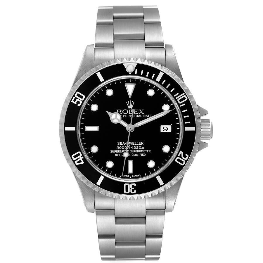 Rolex Seadweller 4000 Black Dial Steel Mens Watch 16600 Box Papers. Officially certified chronometer automatic self-winding movement. Stainless steel case 40 mm in diameter. Rolex logo on the crown. Special time-lapse unidirectional rotating bezel.